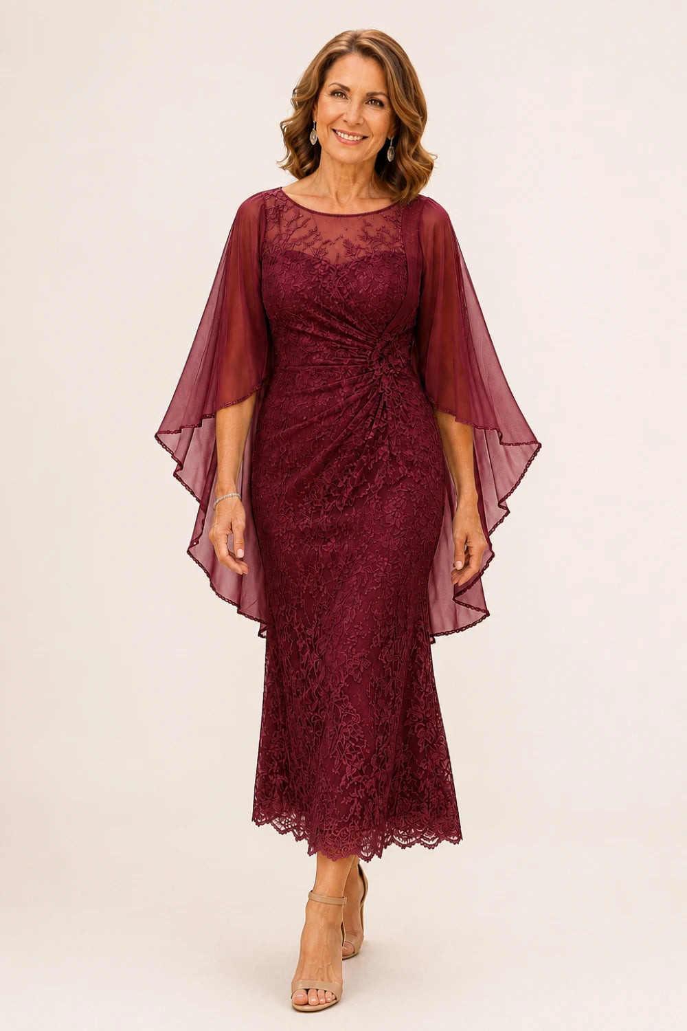 Lace Midi Dress with Tiered Sheer Cape Sleeves