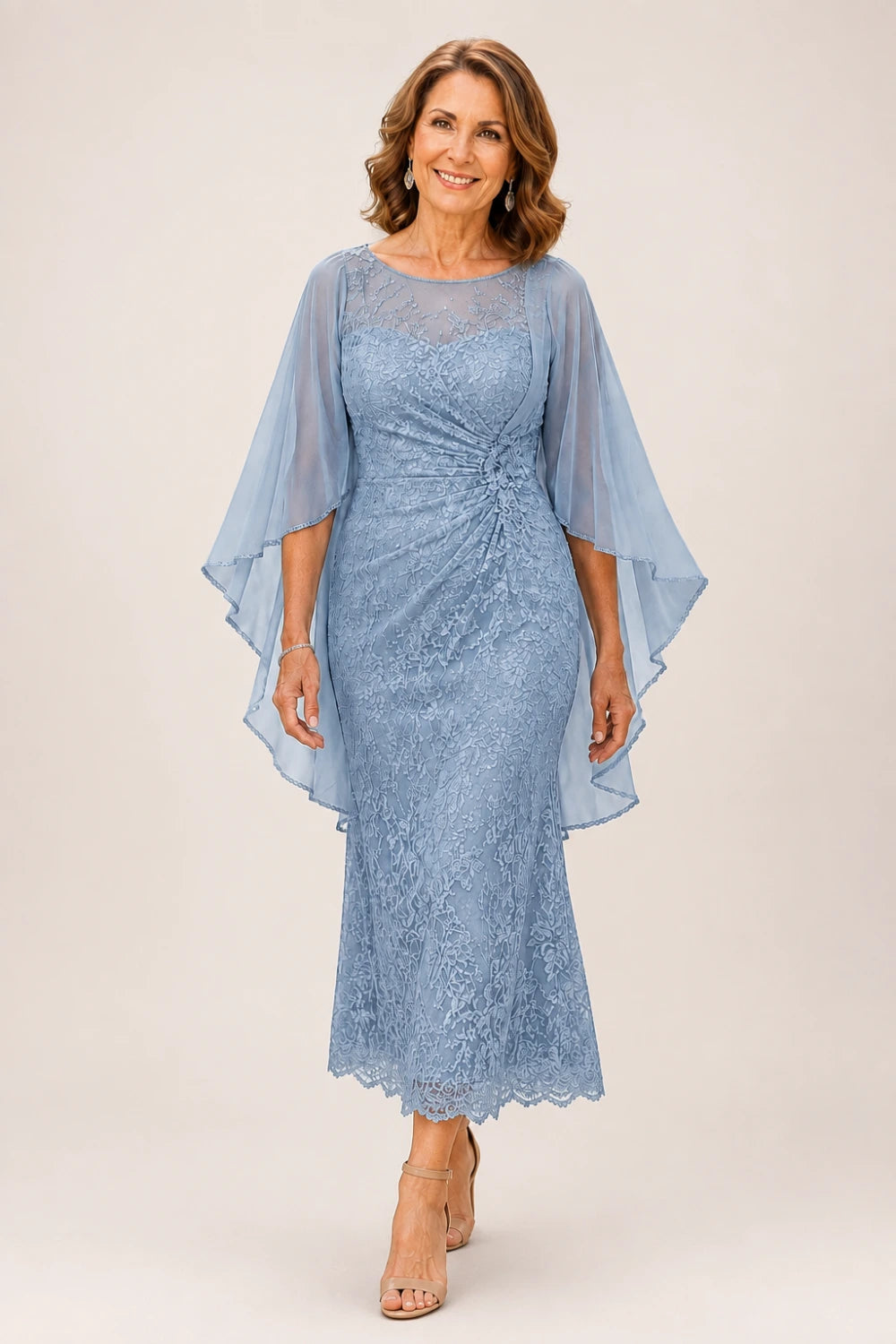 Lace Midi Dress with Tiered Sheer Cape Sleeves