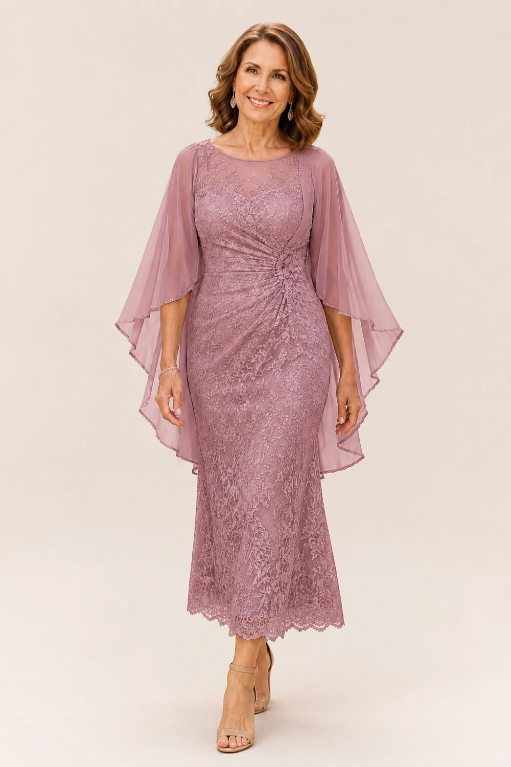 Lace Midi Dress with Tiered Sheer Cape Sleeves