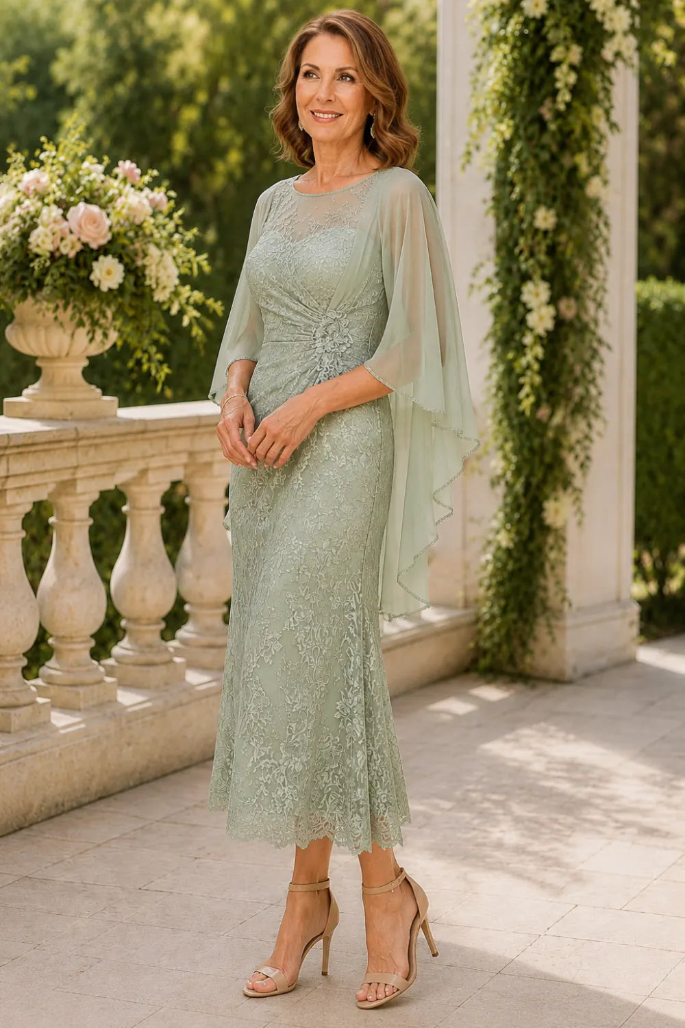 Lace Midi Dress with Tiered Sheer Cape Sleeves