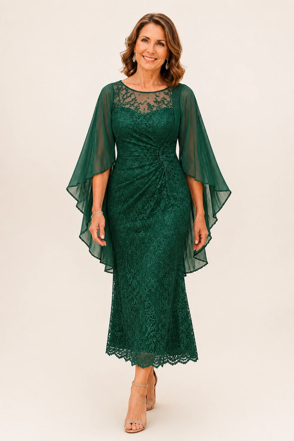 Lace Midi Dress with Tiered Sheer Cape Sleeves