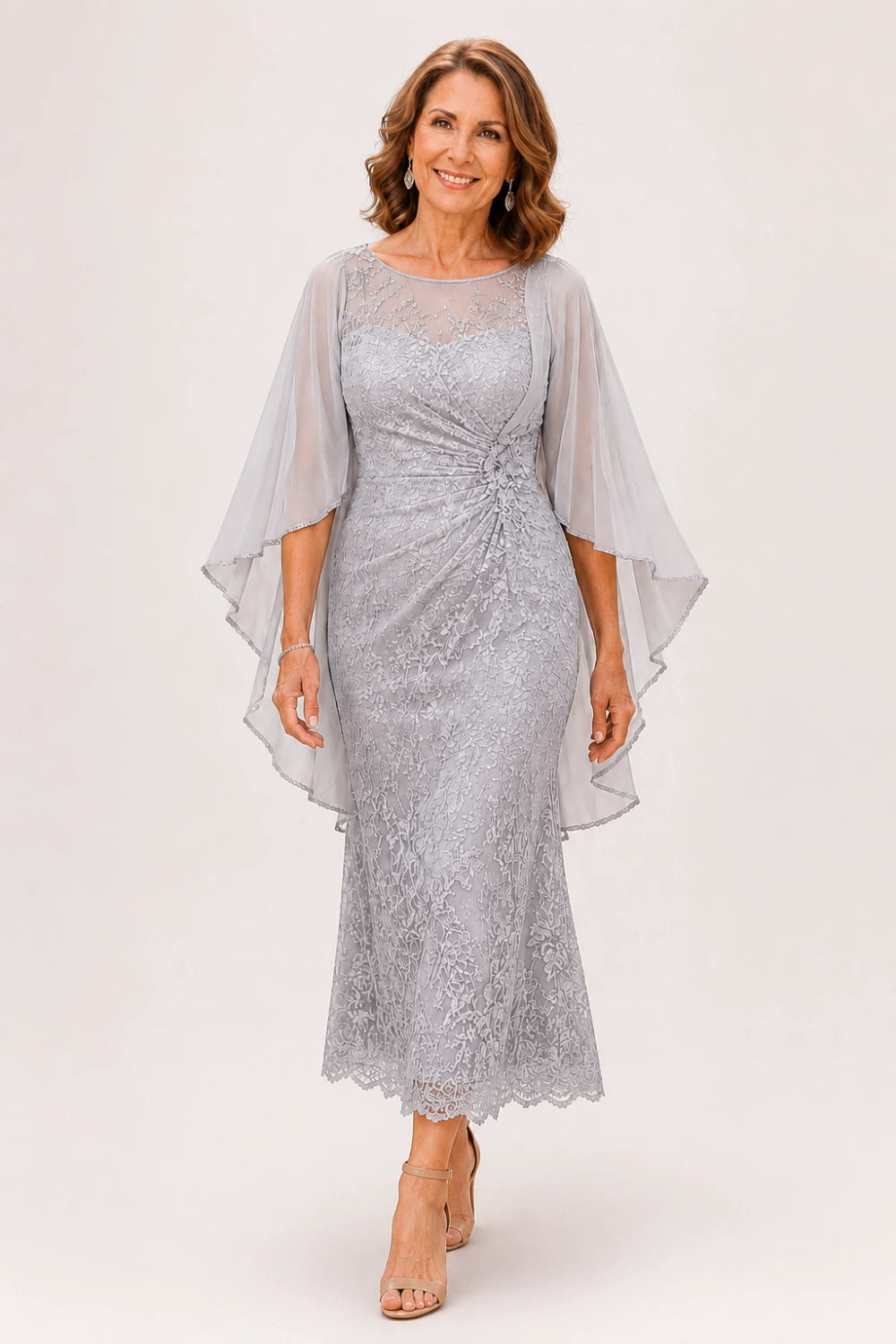 Lace Midi Dress with Tiered Sheer Cape Sleeves