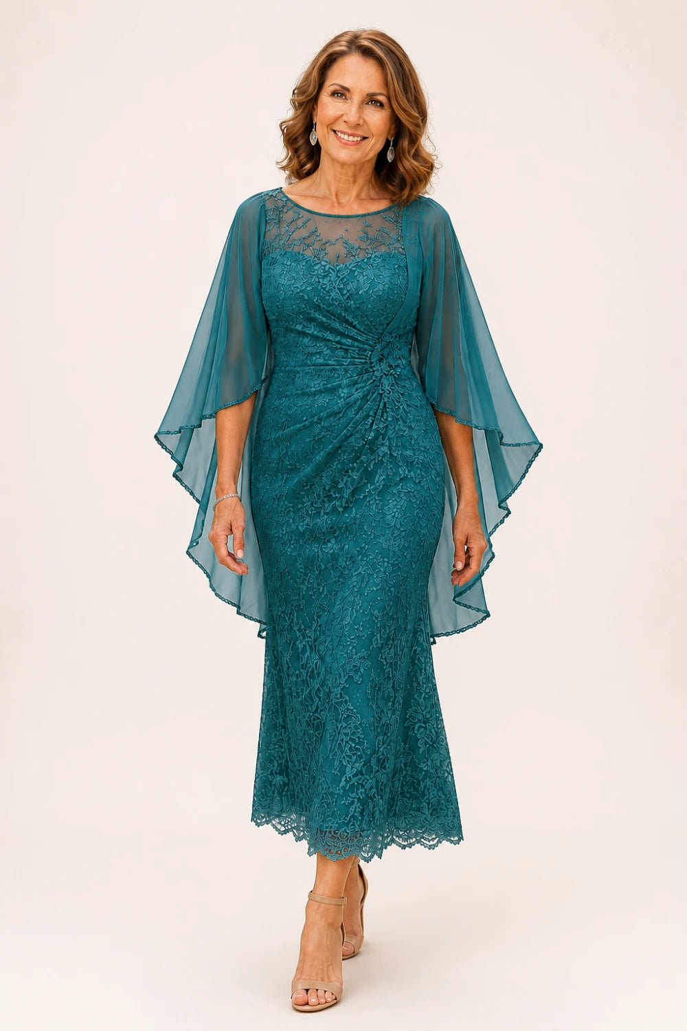 Lace Midi Dress with Tiered Sheer Cape Sleeves