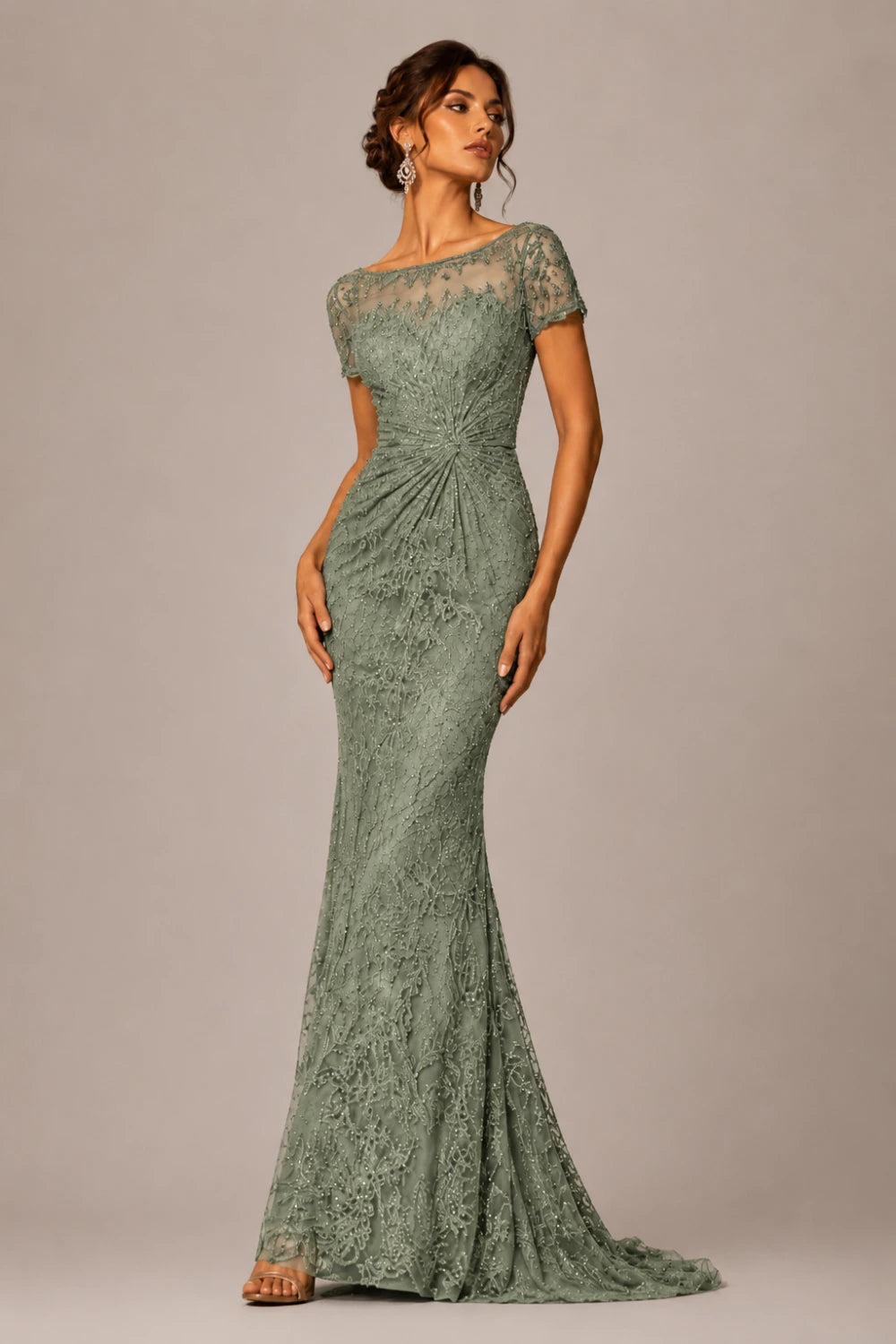 Lace Sequin Short Sleeve Mermaid Evening Gown