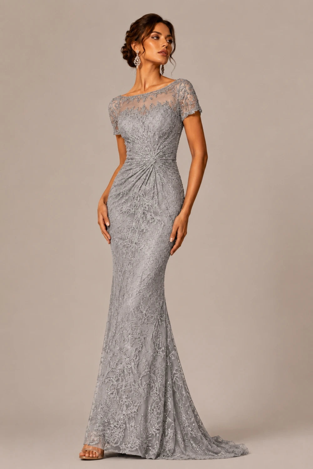 Lace Sequin Short Sleeve Mermaid Evening Gown