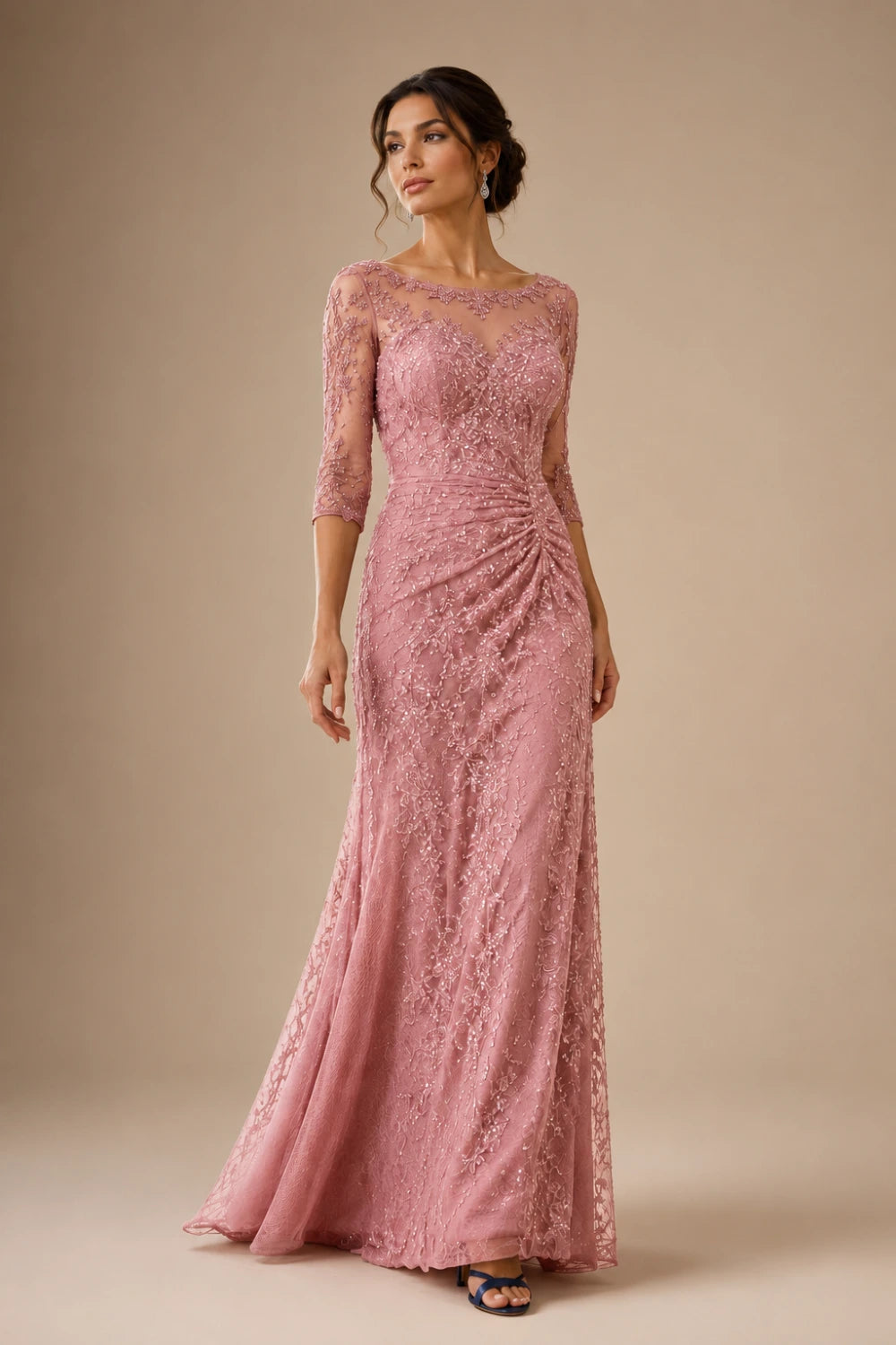 Lace Sequin Three-Quarter Sleeve Evening Gown