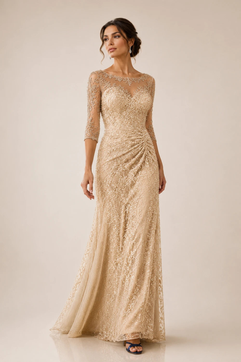 Lace Sequin Three-Quarter Sleeve Evening Gown