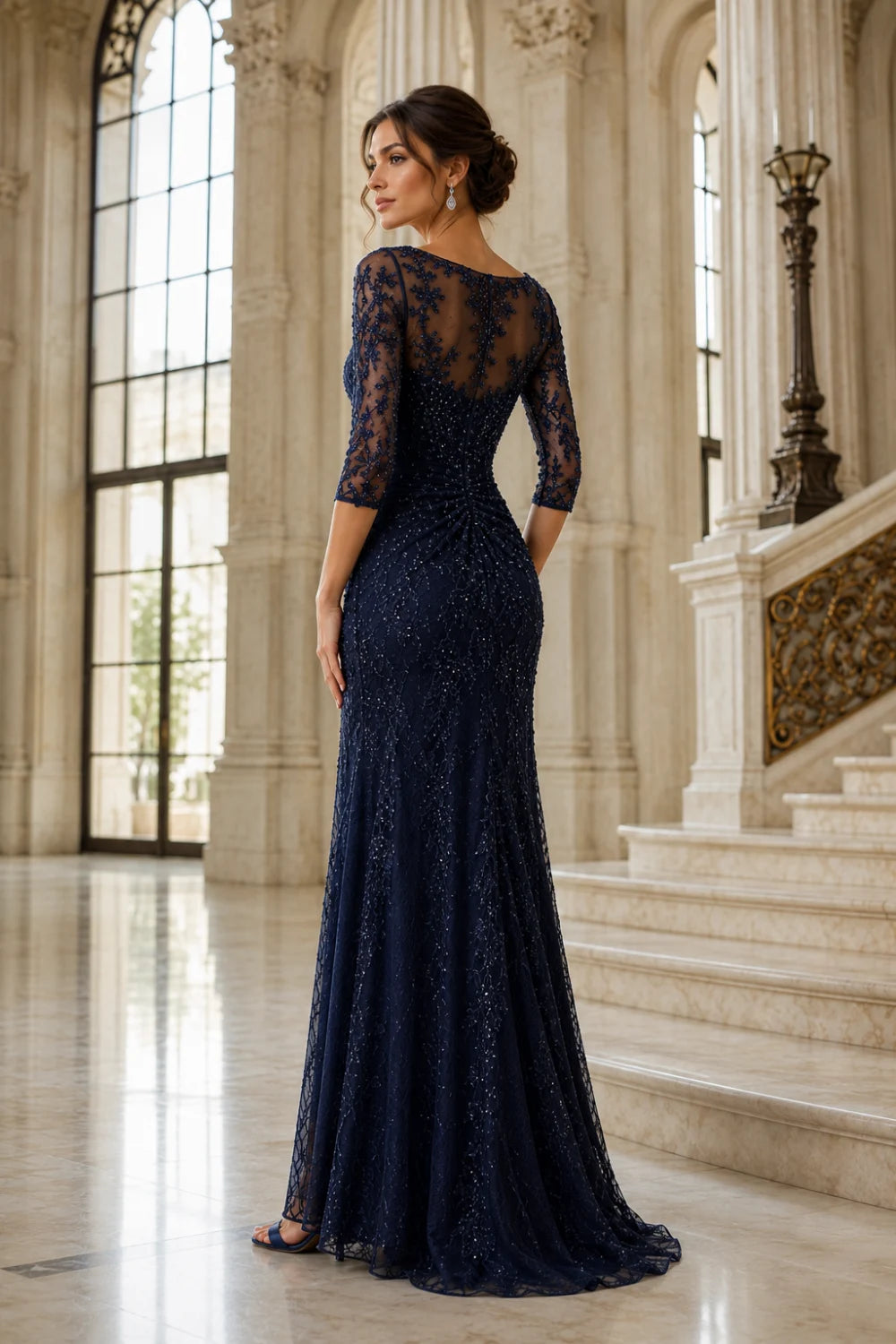 Lace Sequin Three-Quarter Sleeve Evening Gown