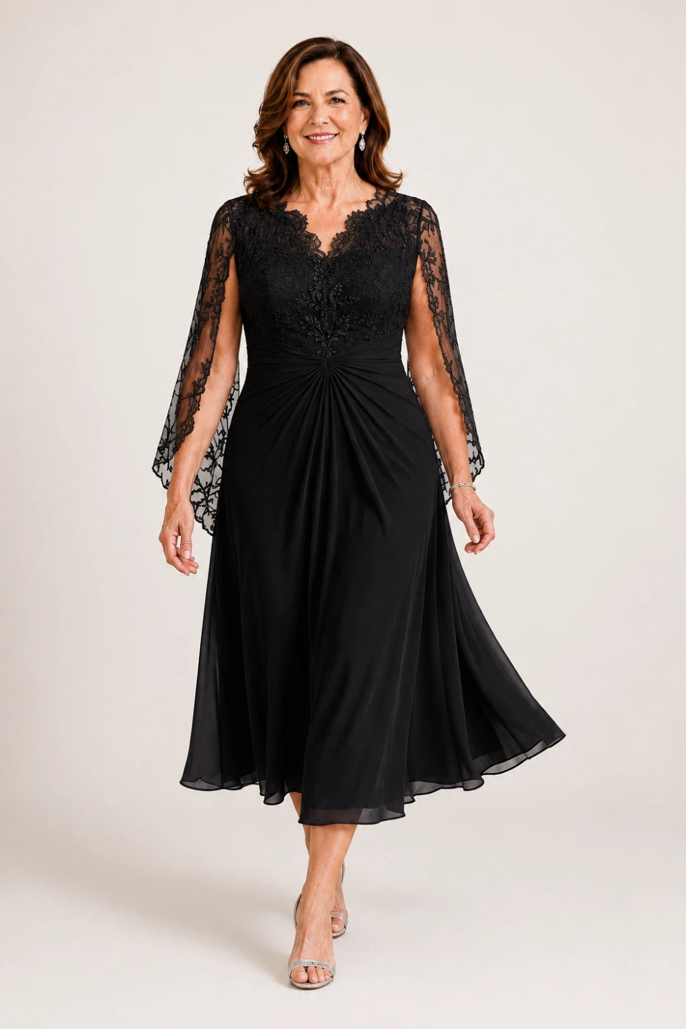 Lace-Sleeve Ruched A-Line Midi Dress