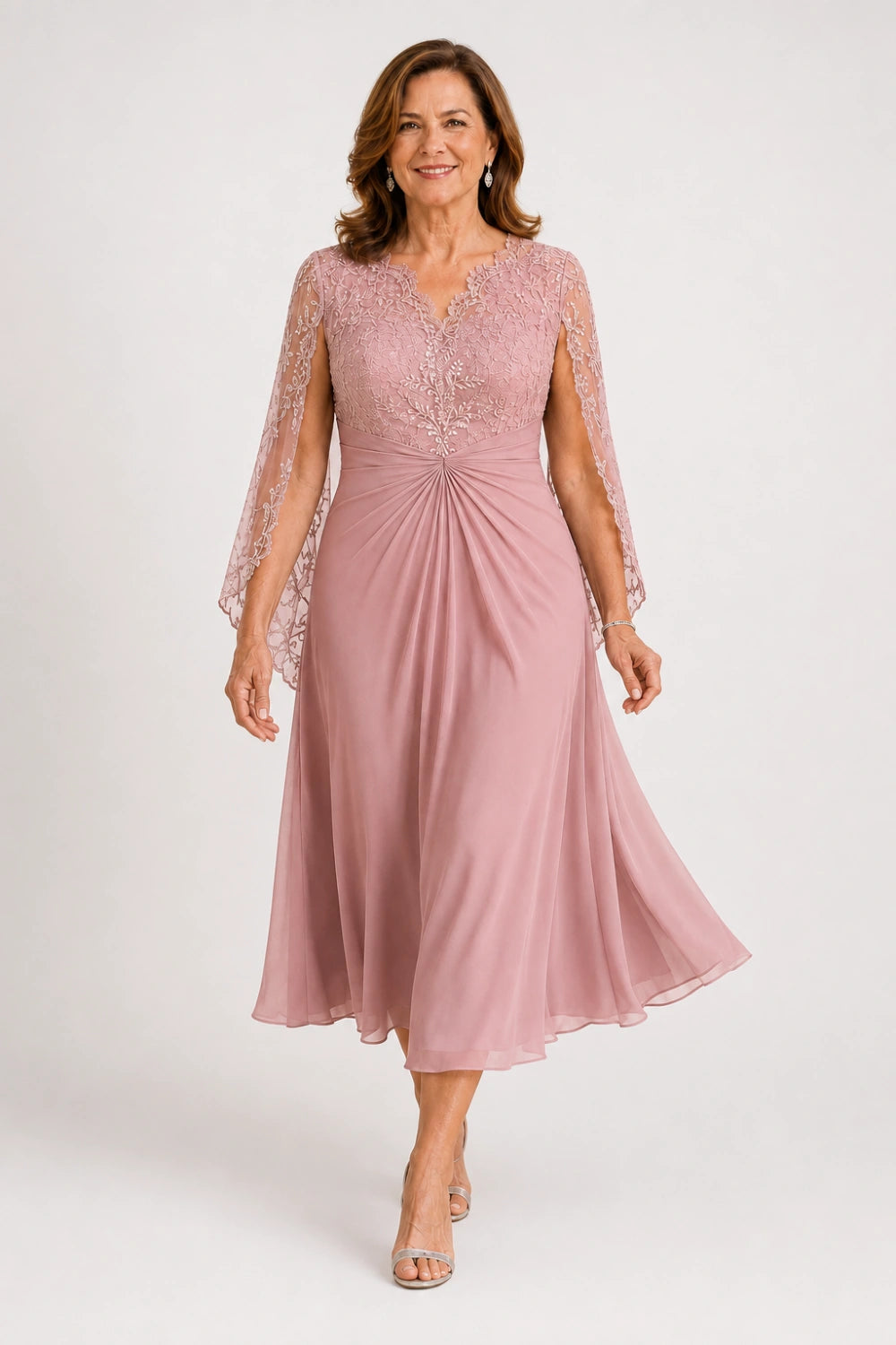 Lace-Sleeve Ruched A-Line Midi Dress