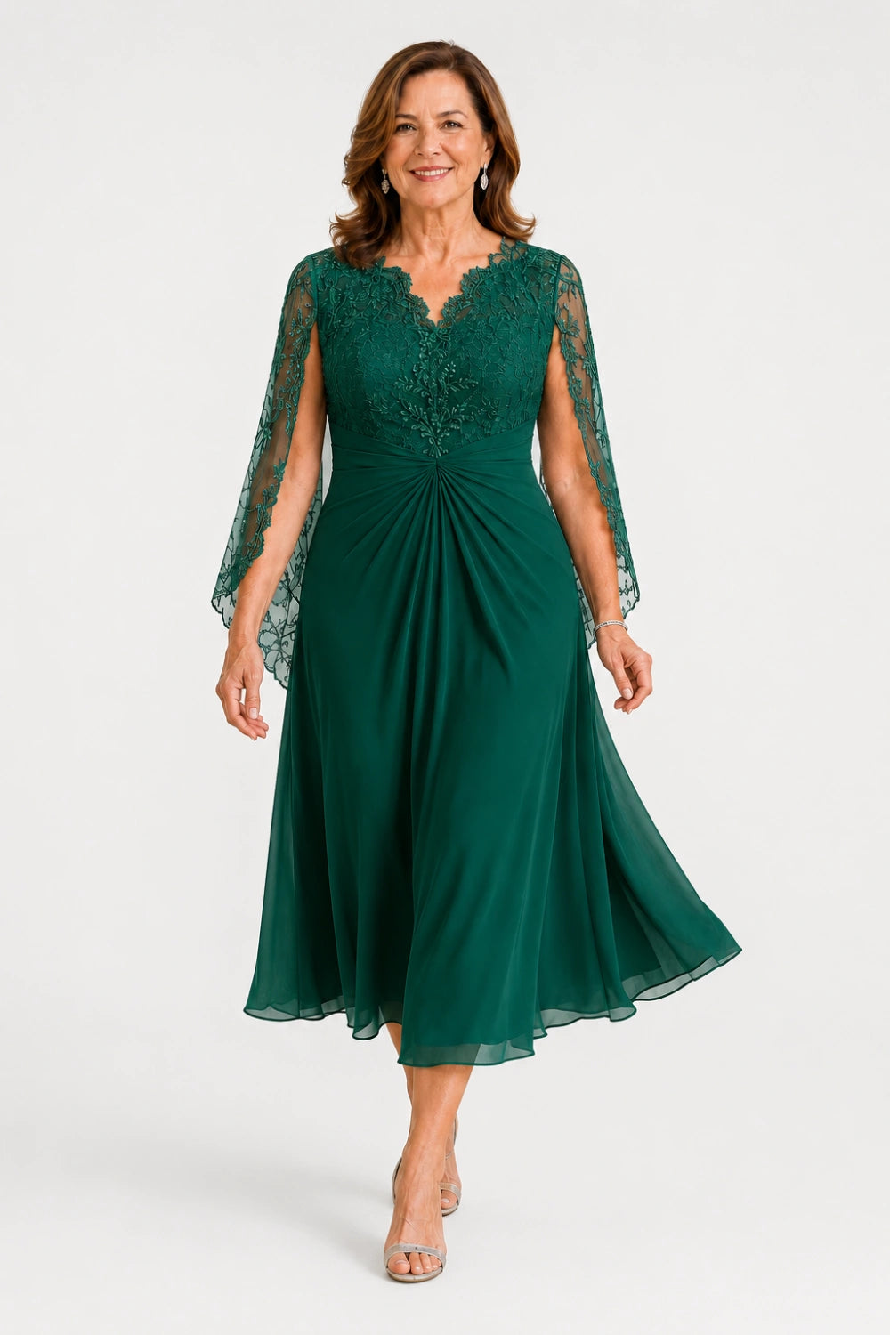 Lace-Sleeve Ruched A-Line Midi Dress