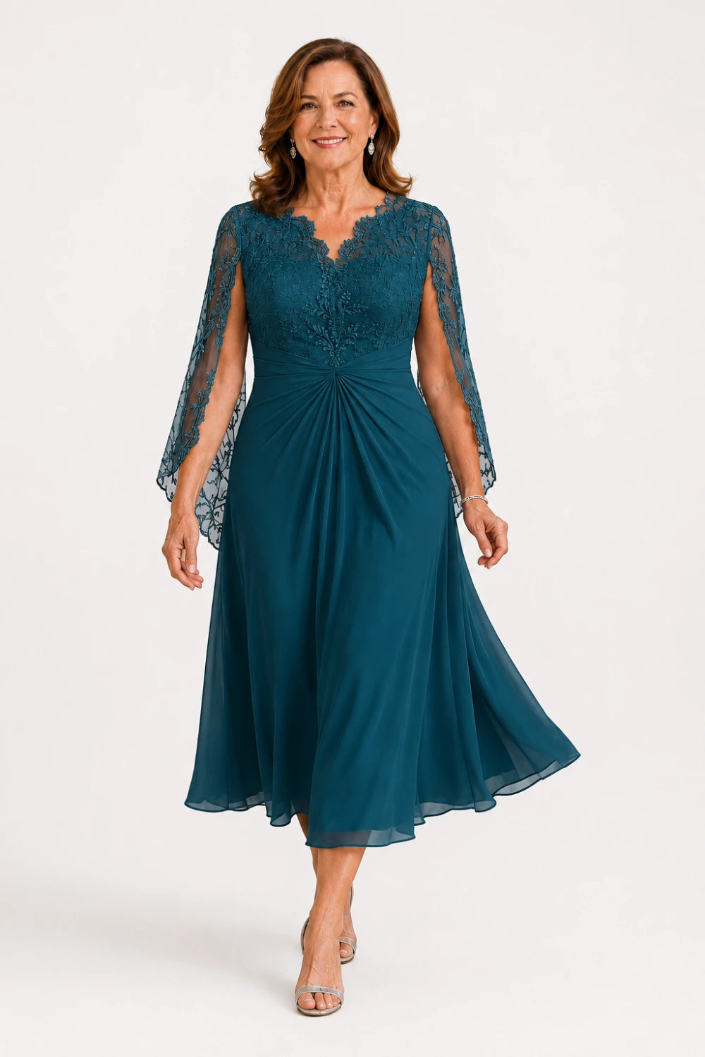 Lace-Sleeve Ruched A-Line Midi Dress