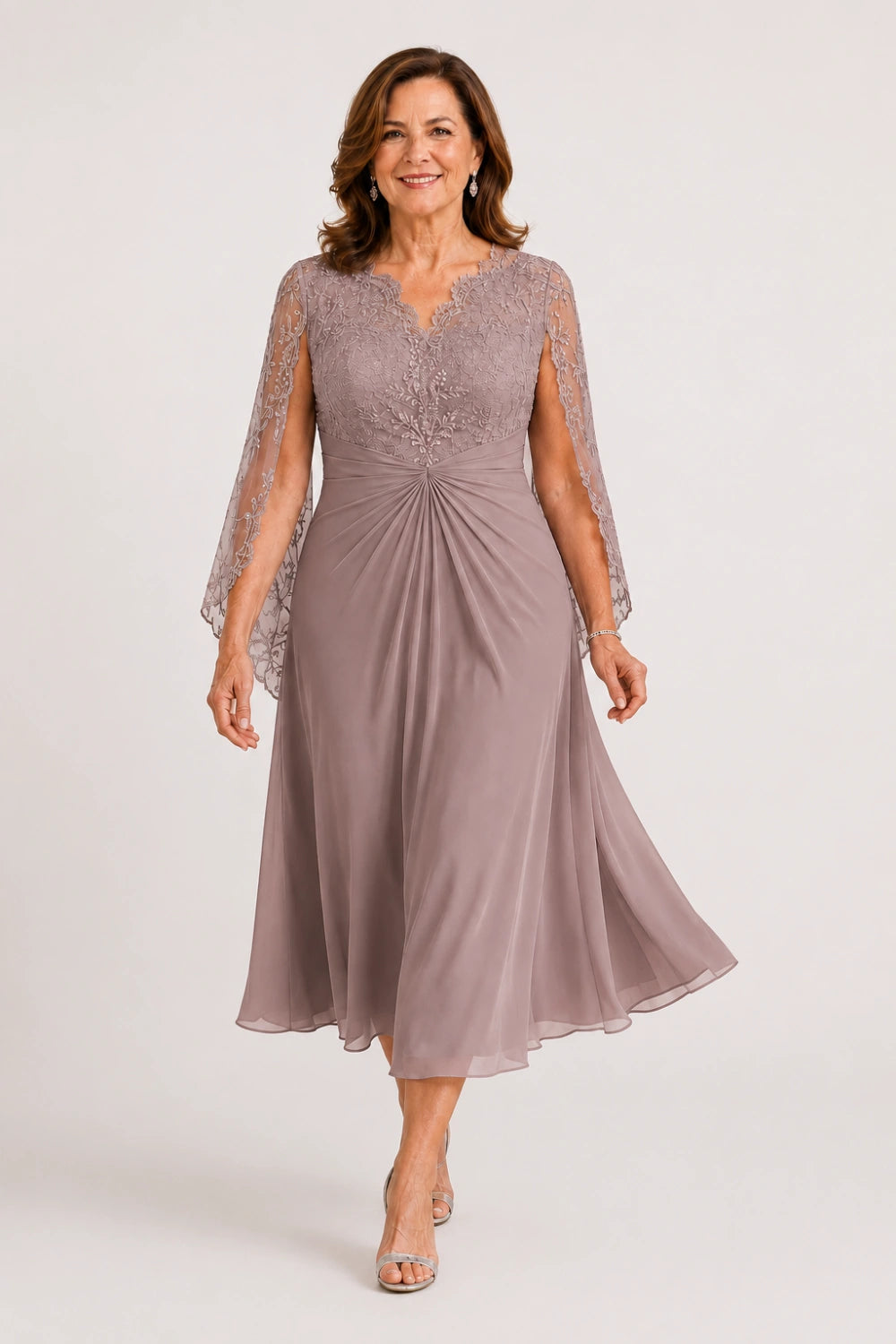 Lace-Sleeve Ruched A-Line Midi Dress