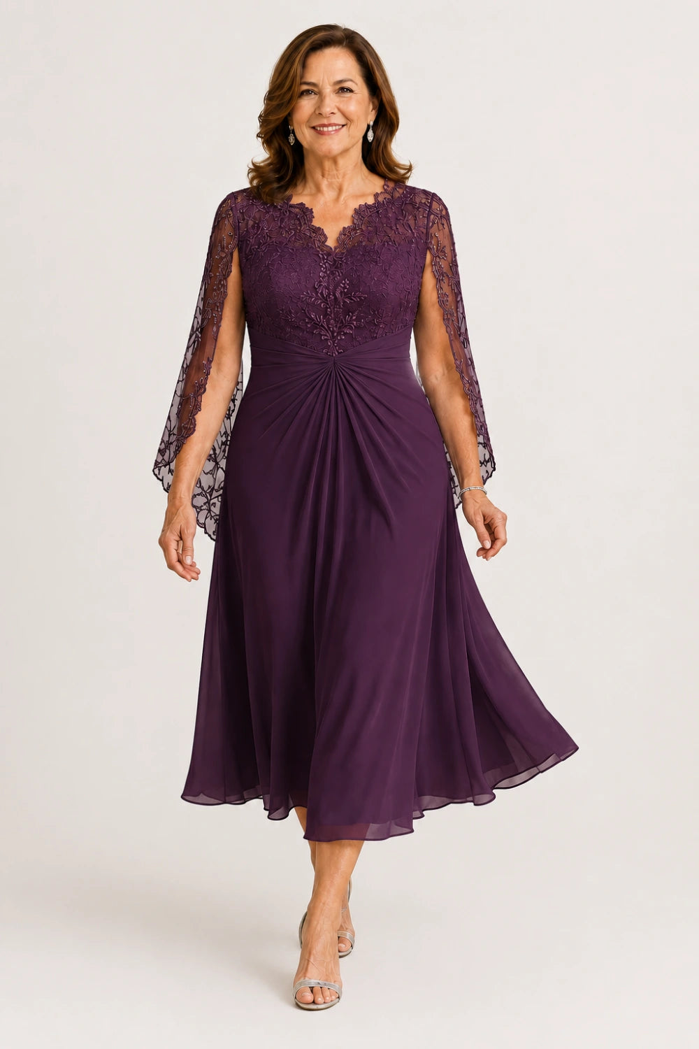 Lace-Sleeve Ruched A-Line Midi Dress