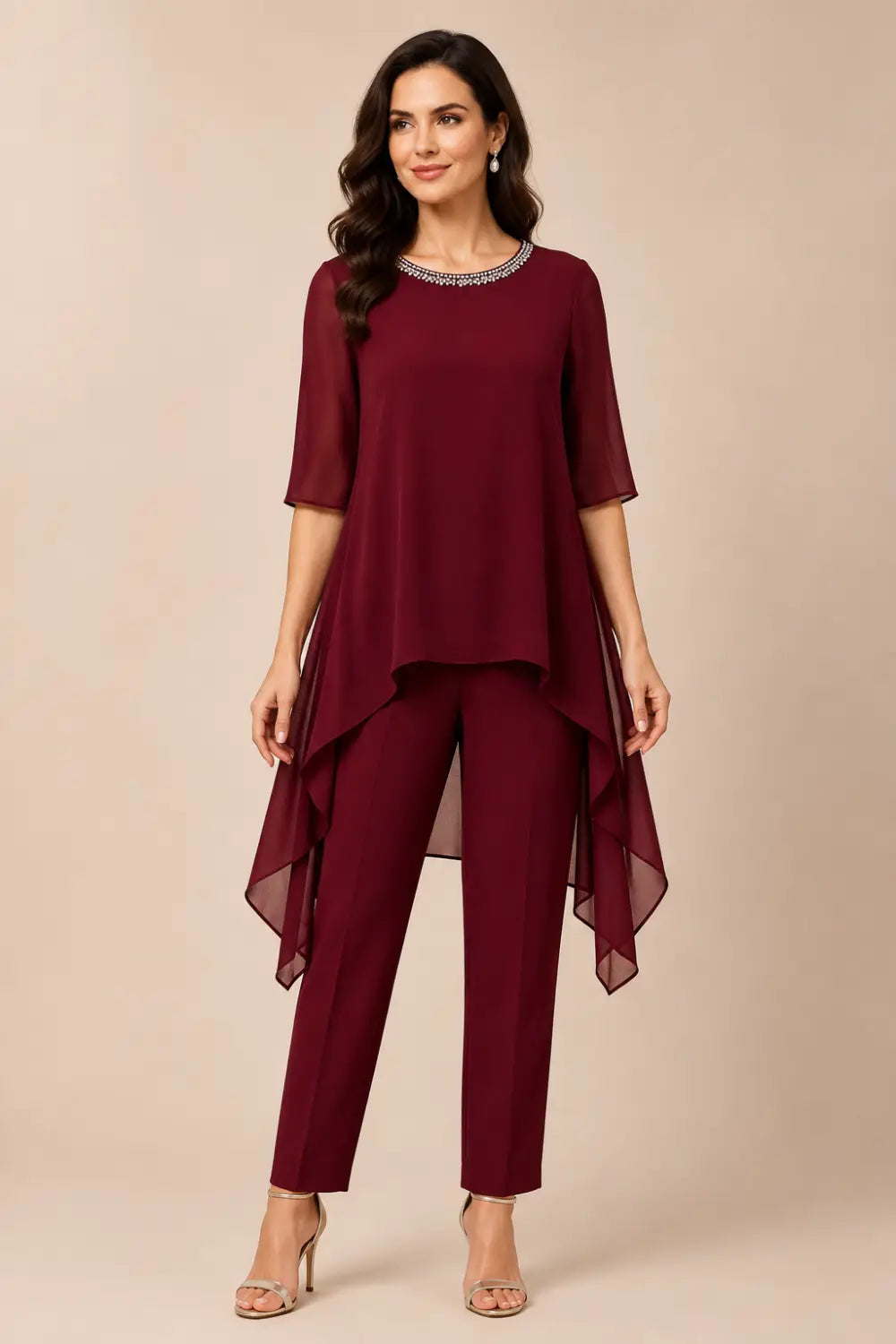 Layered Chiffon Capelet Pant Suit with Wide-Leg Pants
