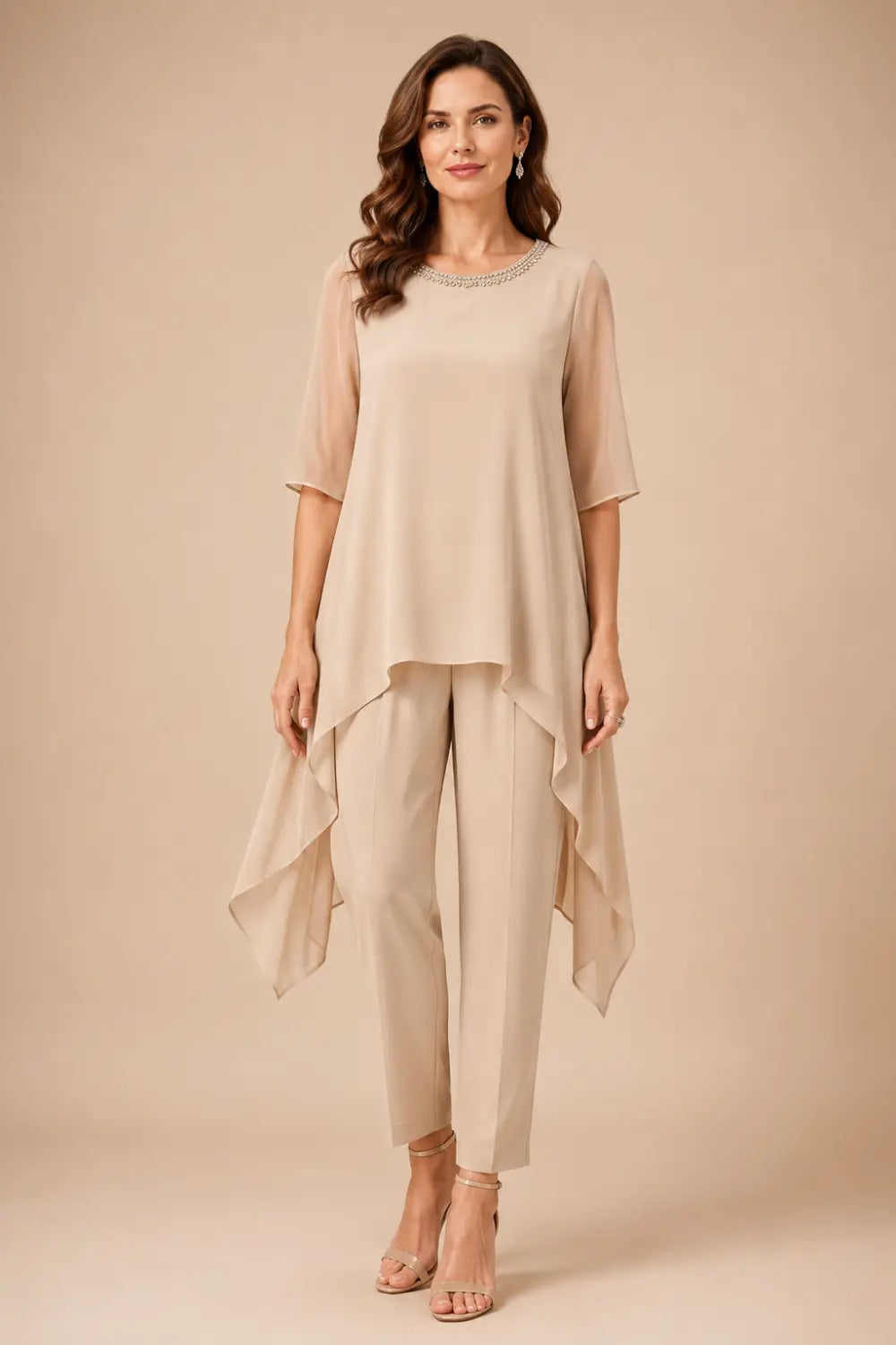 Layered Chiffon Capelet Pant Suit with Wide-Leg Pants