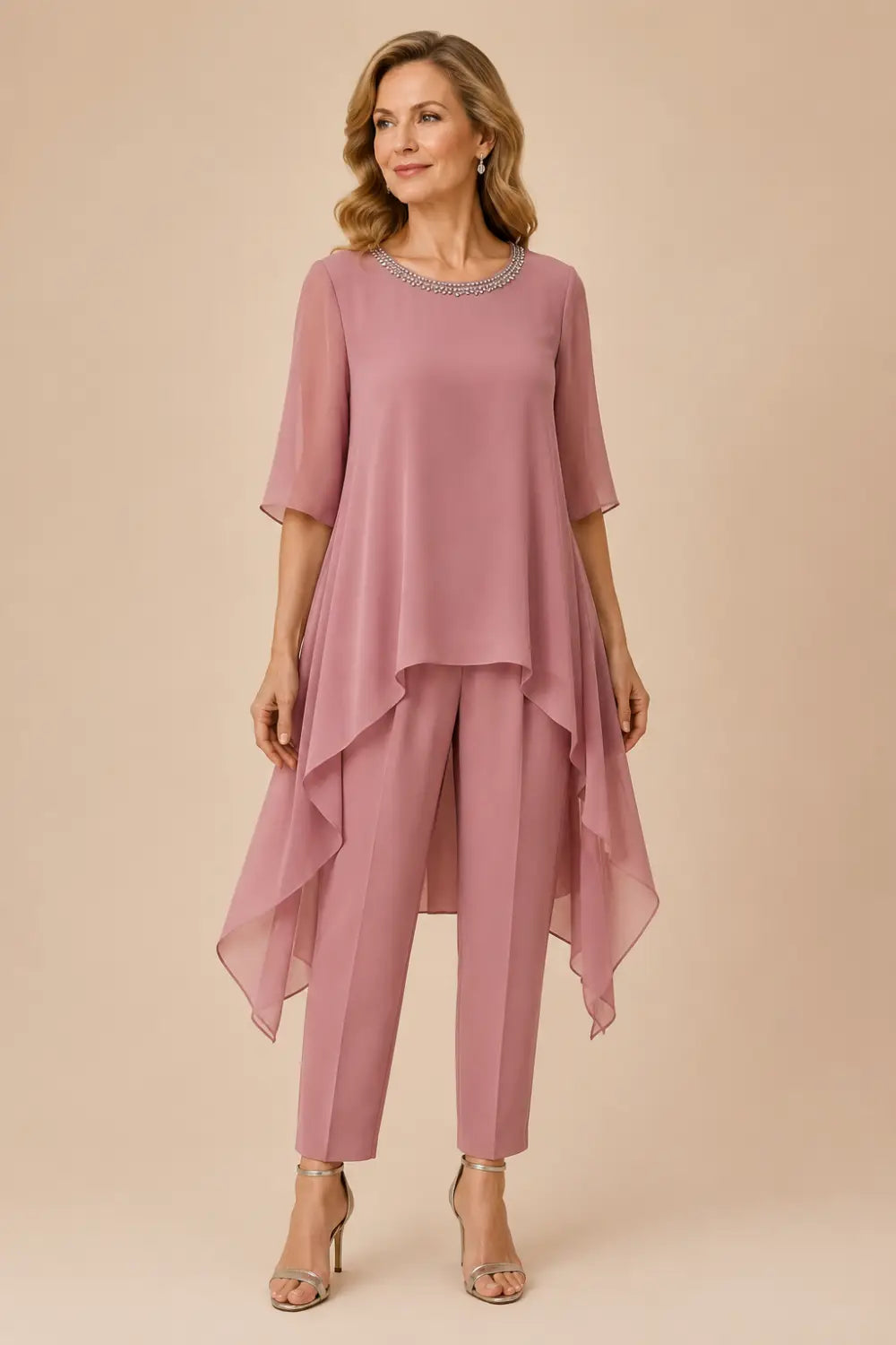 Layered Chiffon Capelet Pant Suit with Wide-Leg Pants