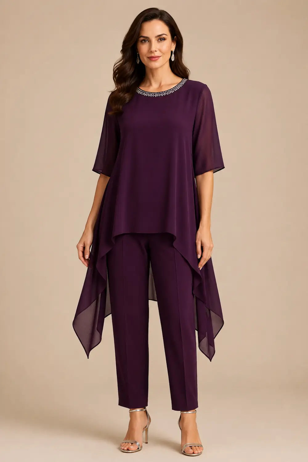 Layered Chiffon Capelet Pant Suit with Wide-Leg Pants