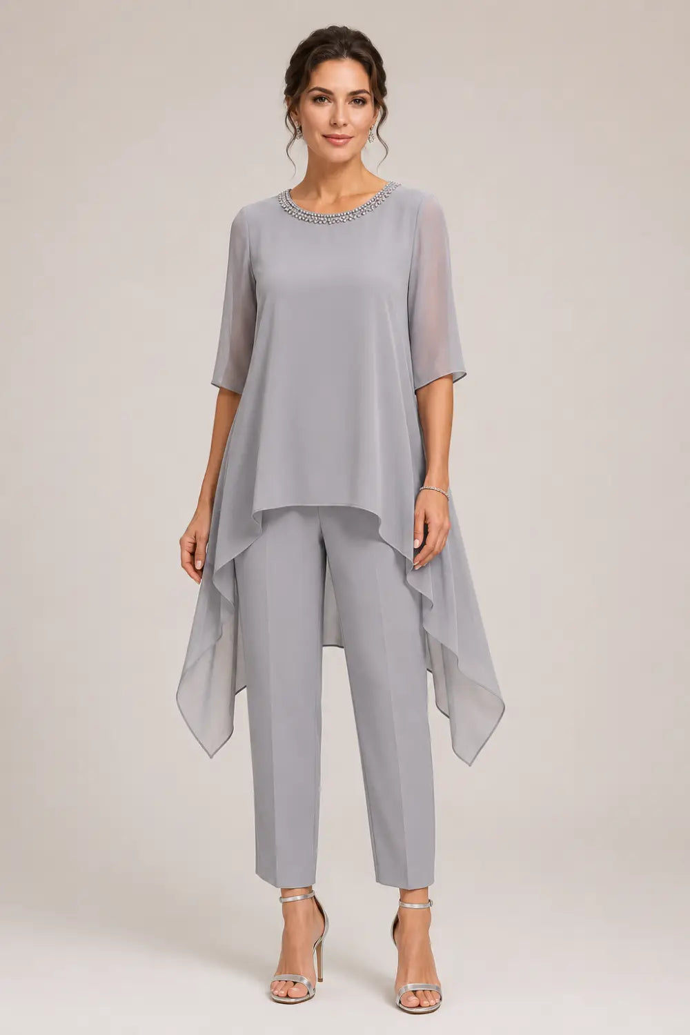 Layered Chiffon Capelet Pant Suit with Wide-Leg Pants