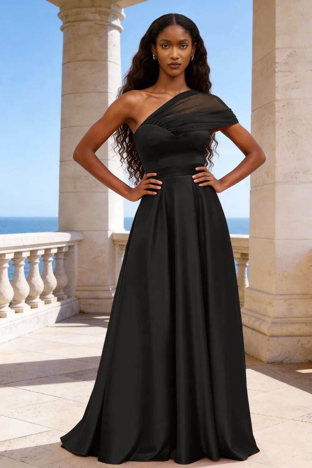 Celestia One-Shoulder Satin A-Line Evening Gown