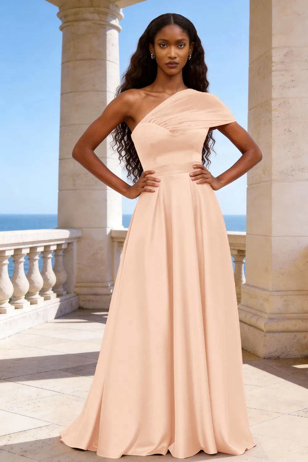 Celestia One-Shoulder Satin A-Line Evening Gown