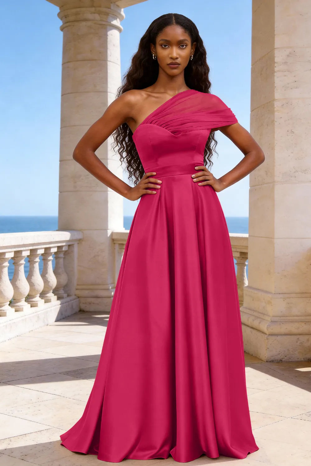 Celestia One-Shoulder Satin A-Line Evening Gown