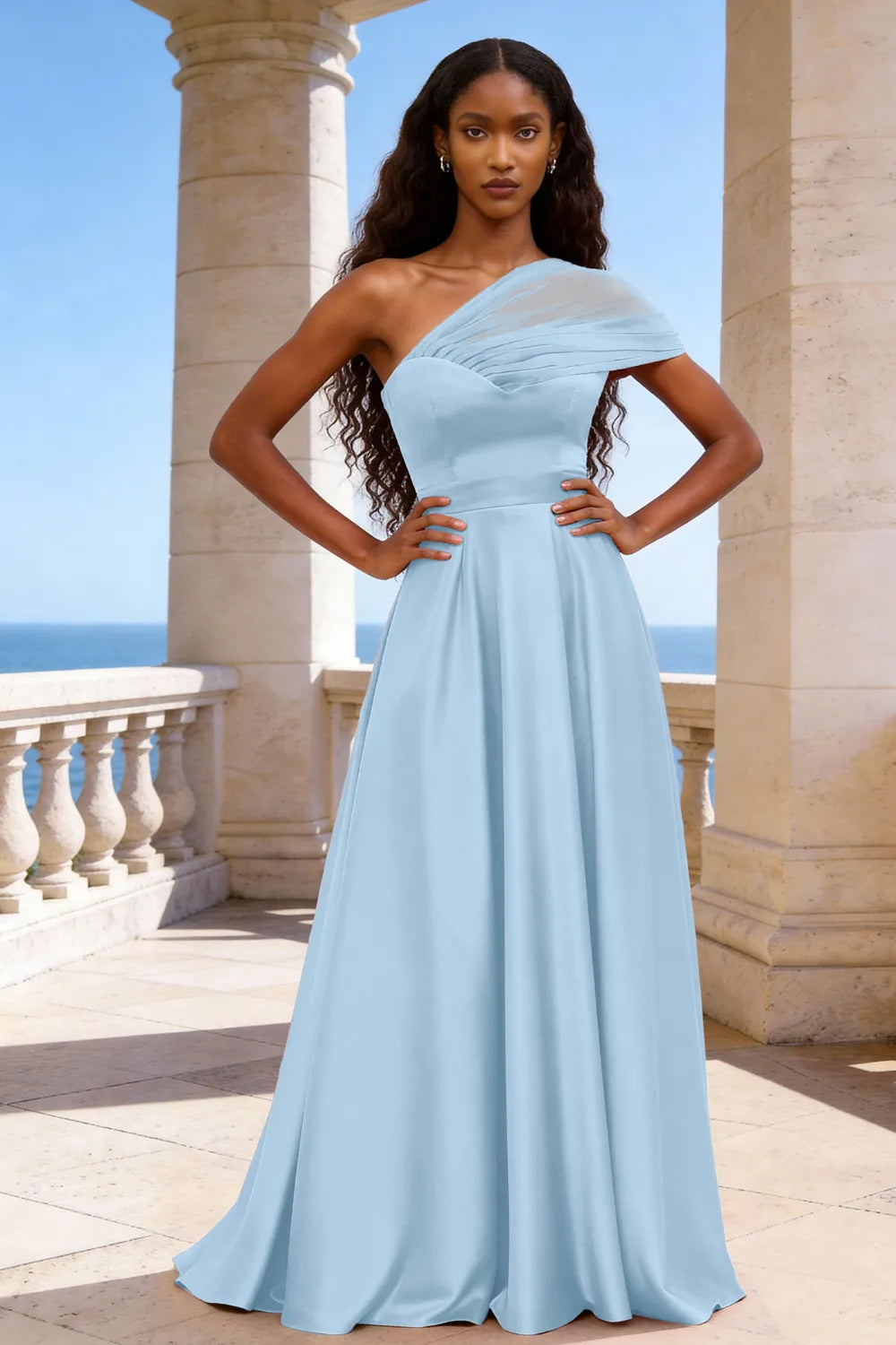 Celestia One-Shoulder Satin A-Line Evening Gown