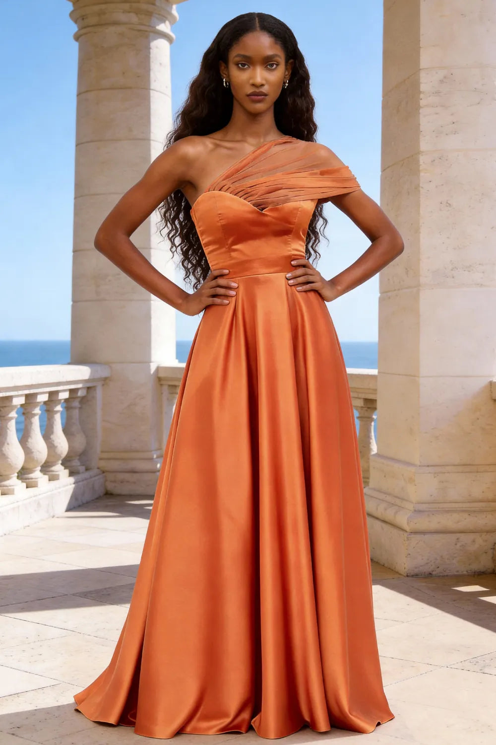 Celestia One-Shoulder Satin A-Line Evening Gown