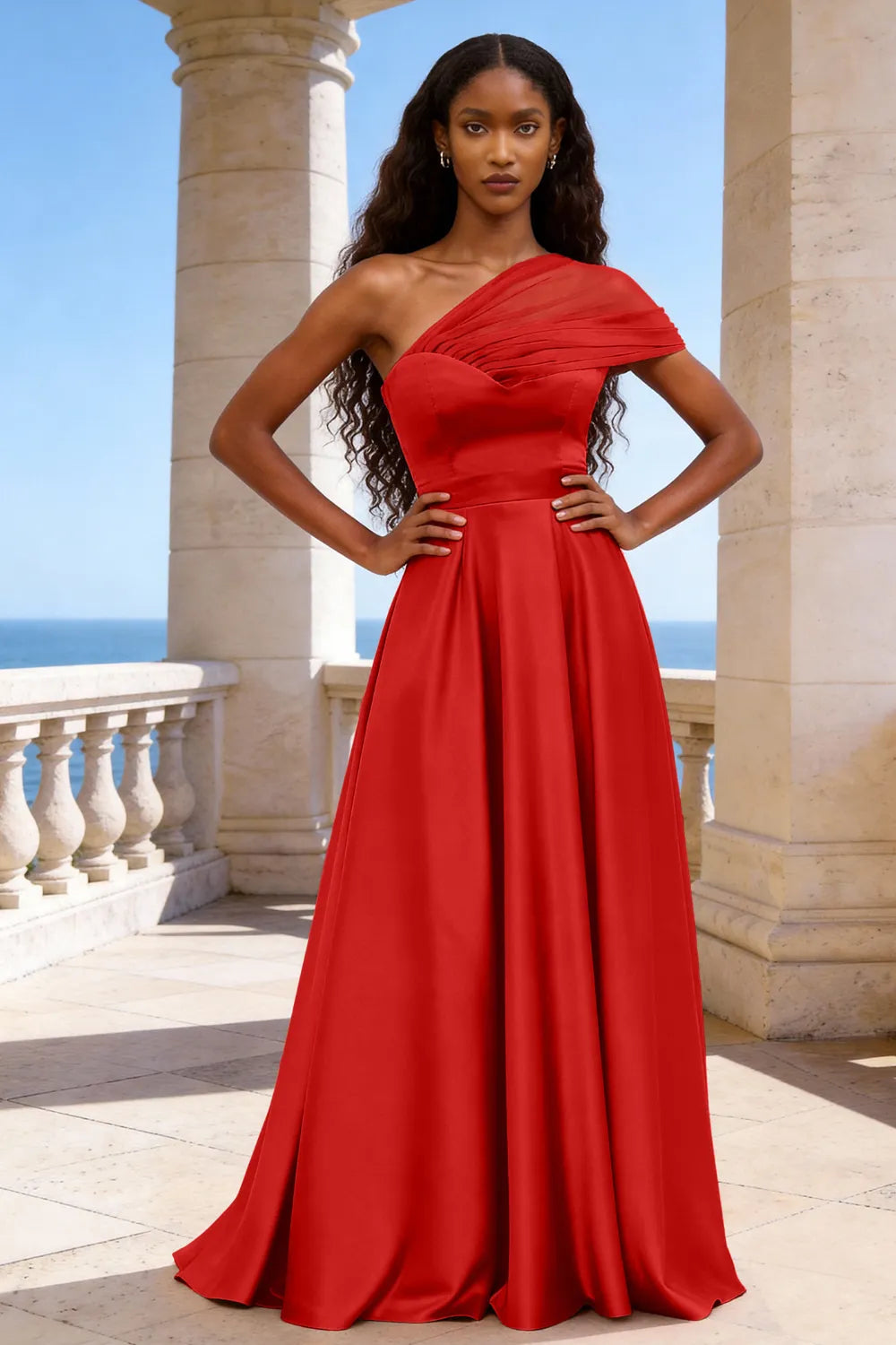 Celestia One-Shoulder Satin A-Line Evening Gown