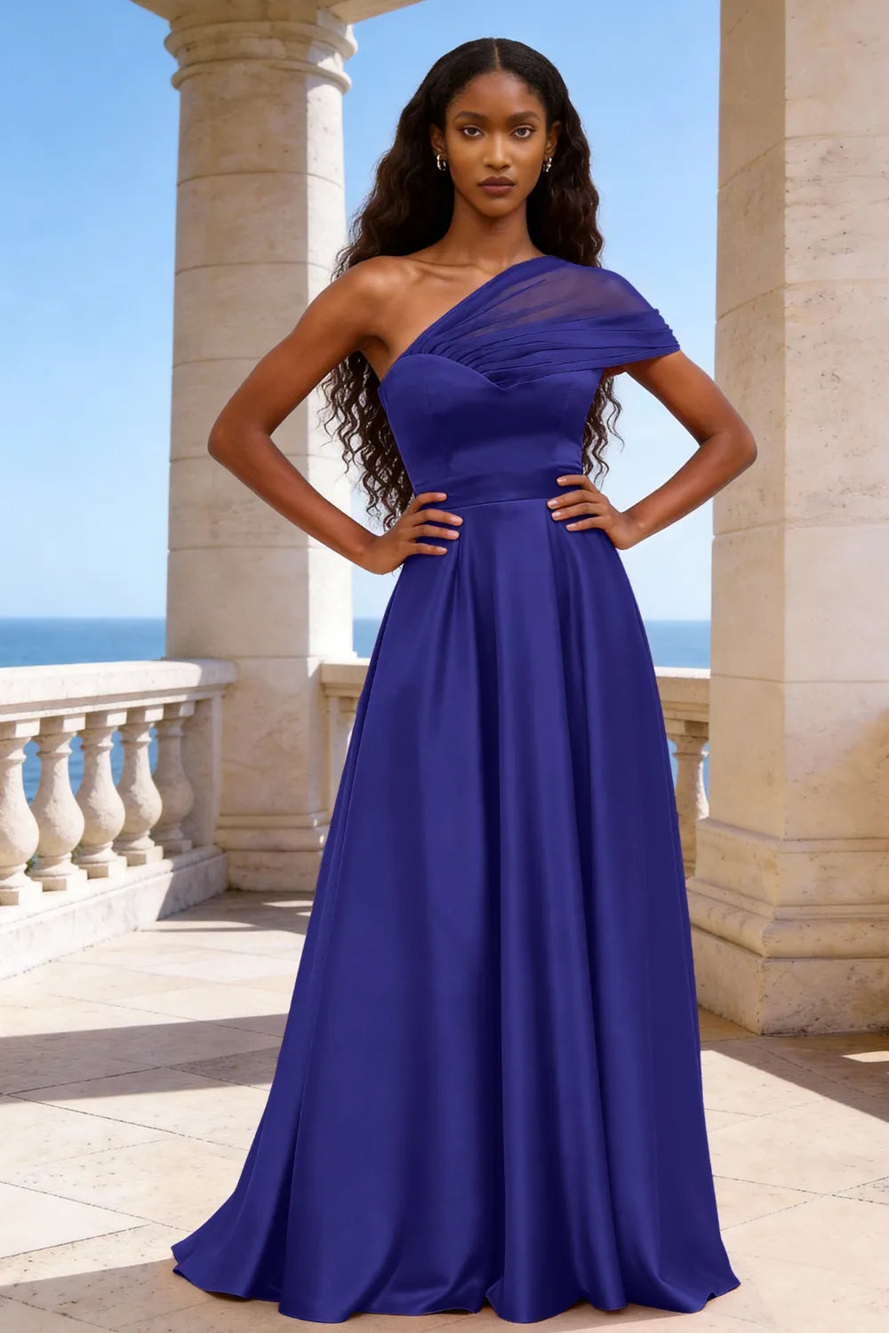 Celestia One-Shoulder Satin A-Line Evening Gown