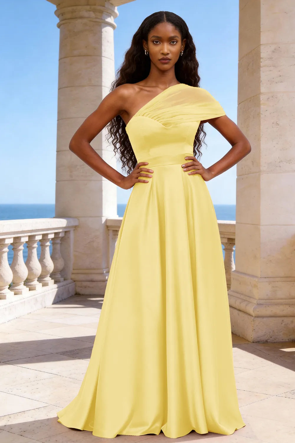 Celestia One-Shoulder Satin A-Line Evening Gown