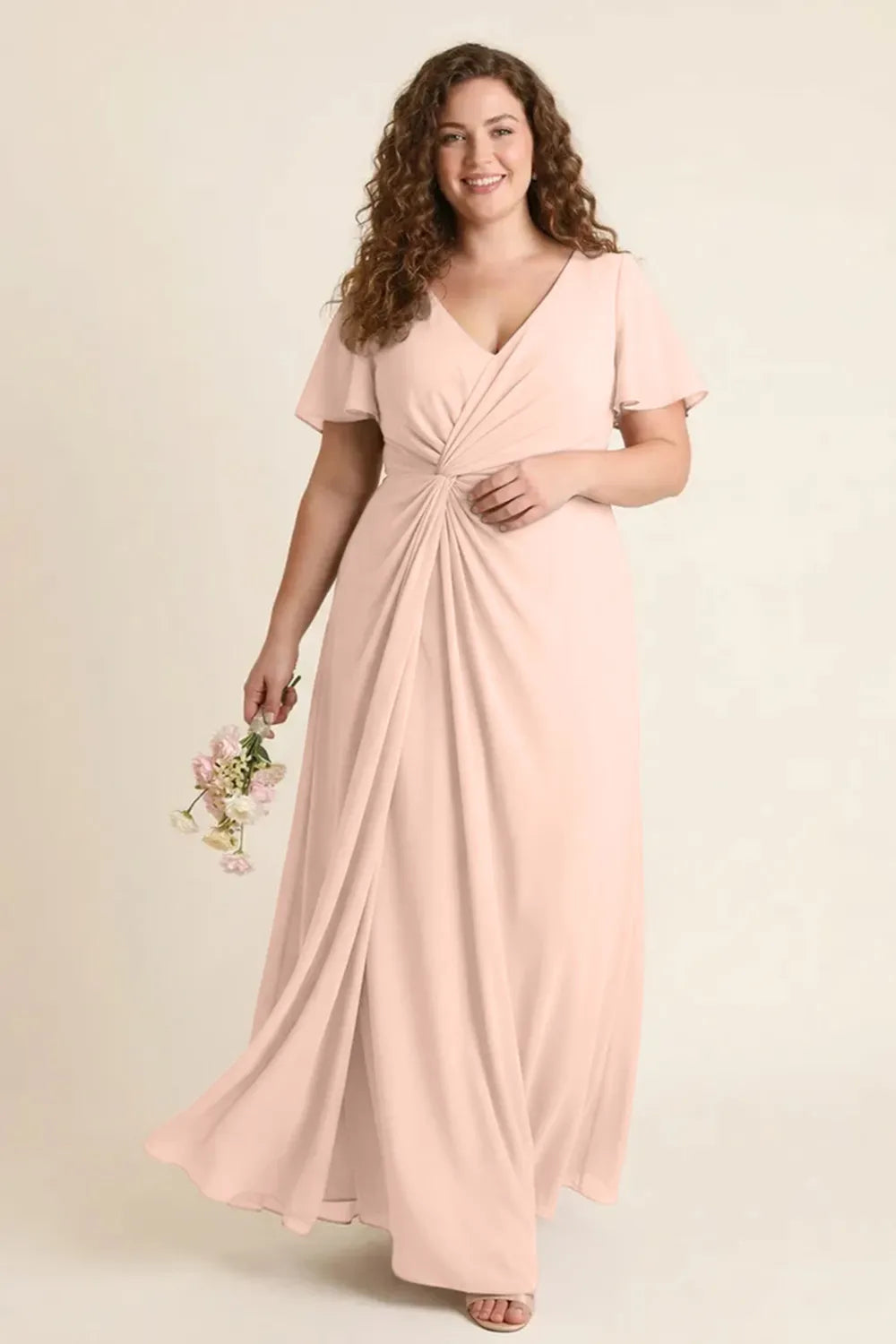 Aurora Ruched V-Neck Chiffon Maxi Dress