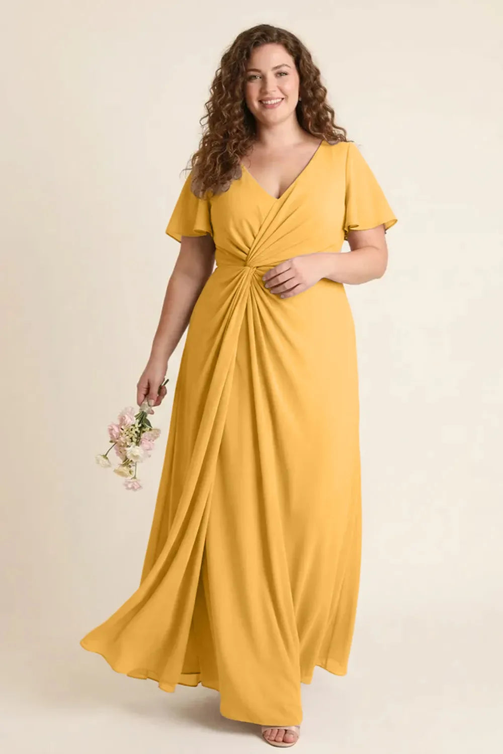 Aurora Ruched V-Neck Chiffon Maxi Dress
