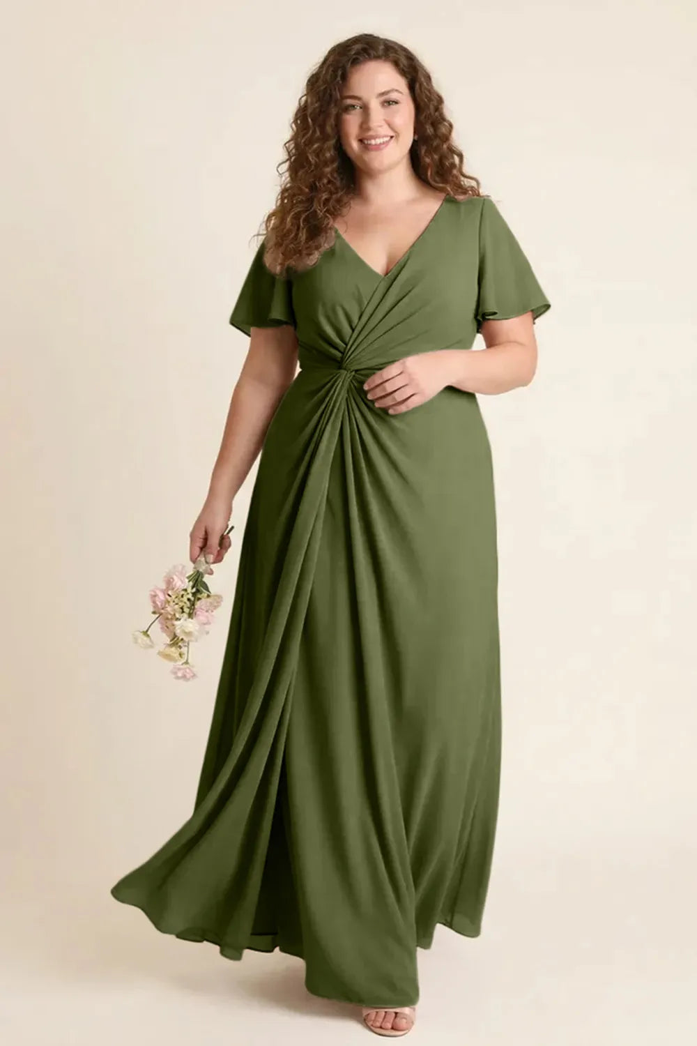 Aurora Ruched V-Neck Chiffon Maxi Dress