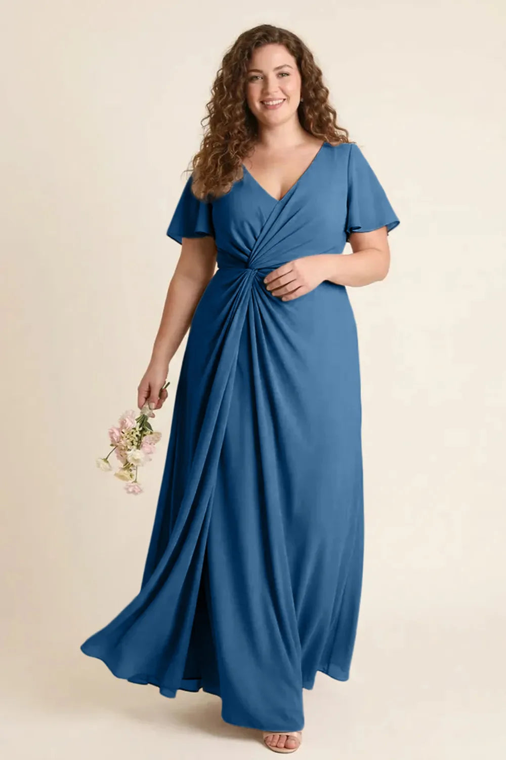 Aurora Ruched V-Neck Chiffon Maxi Dress