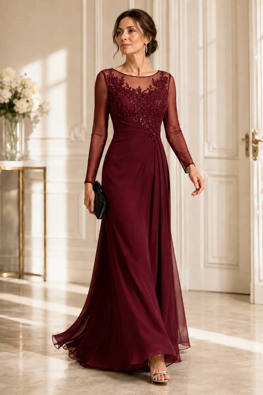 Long Sleeve Lace Chiffon Evening Gown