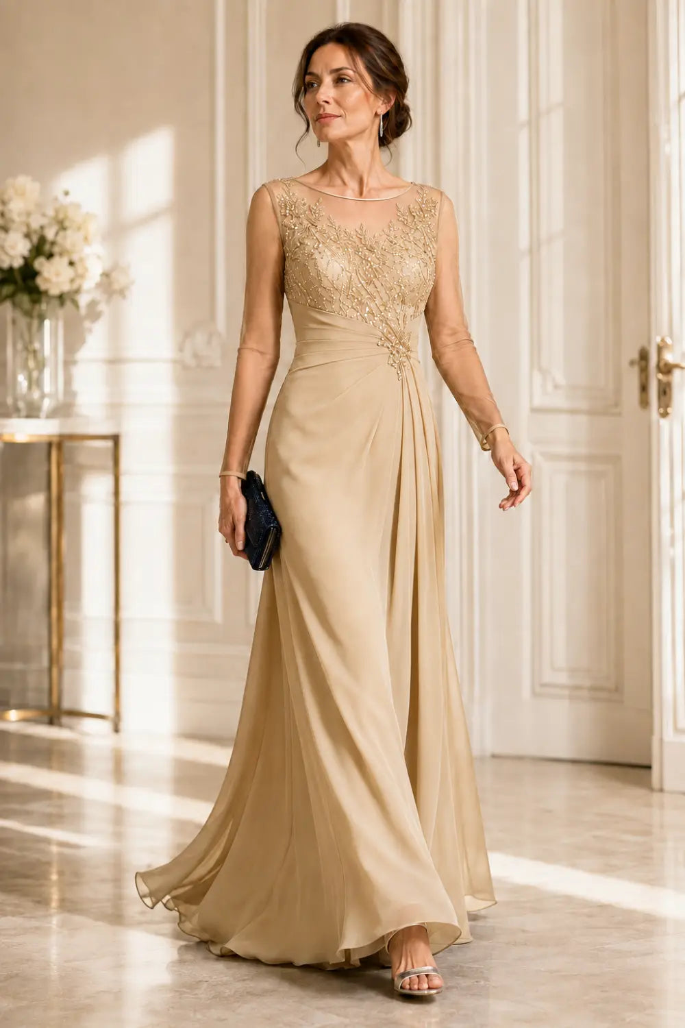 Long Sleeve Lace Chiffon Evening Gown
