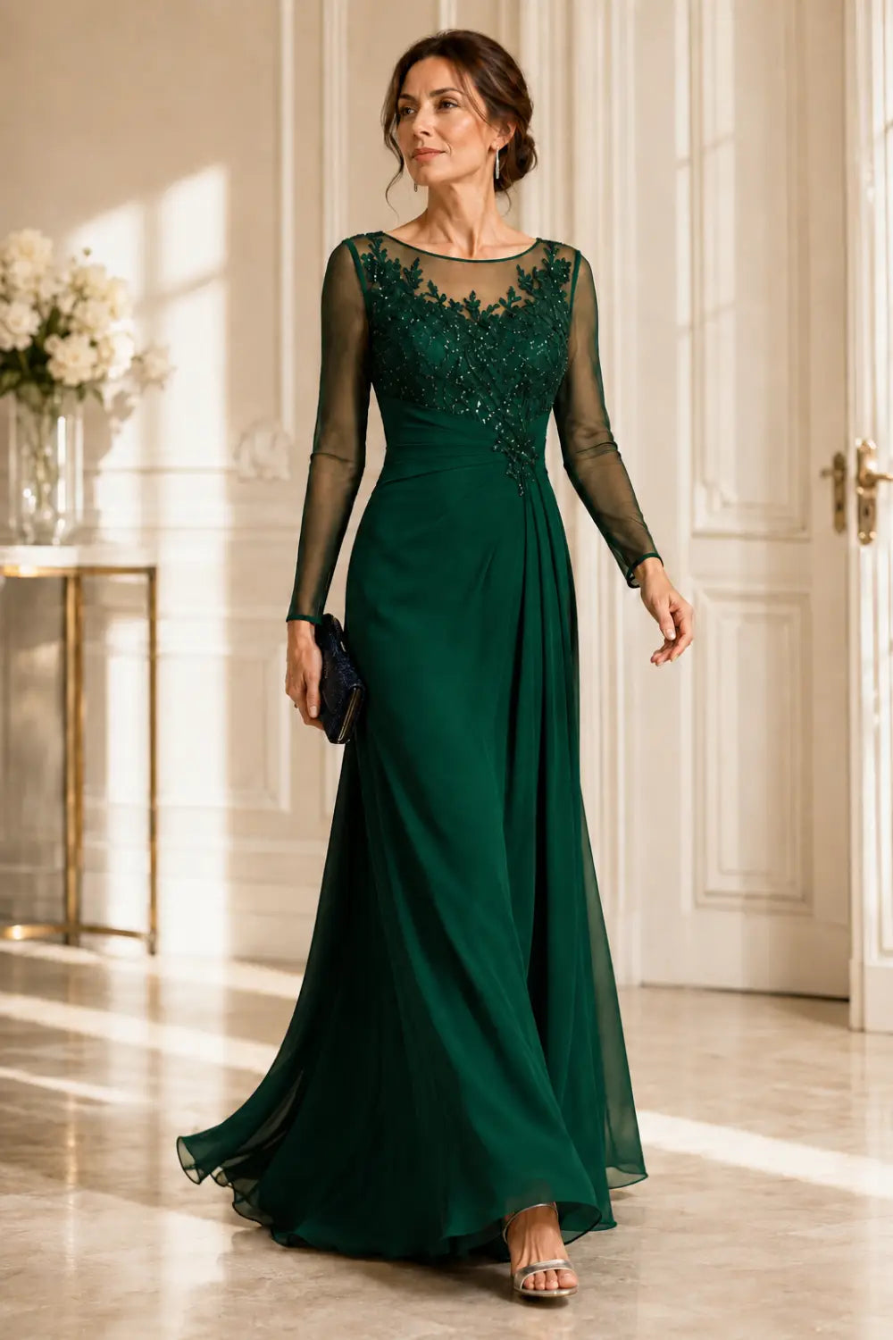 Long Sleeve Lace Chiffon Evening Gown