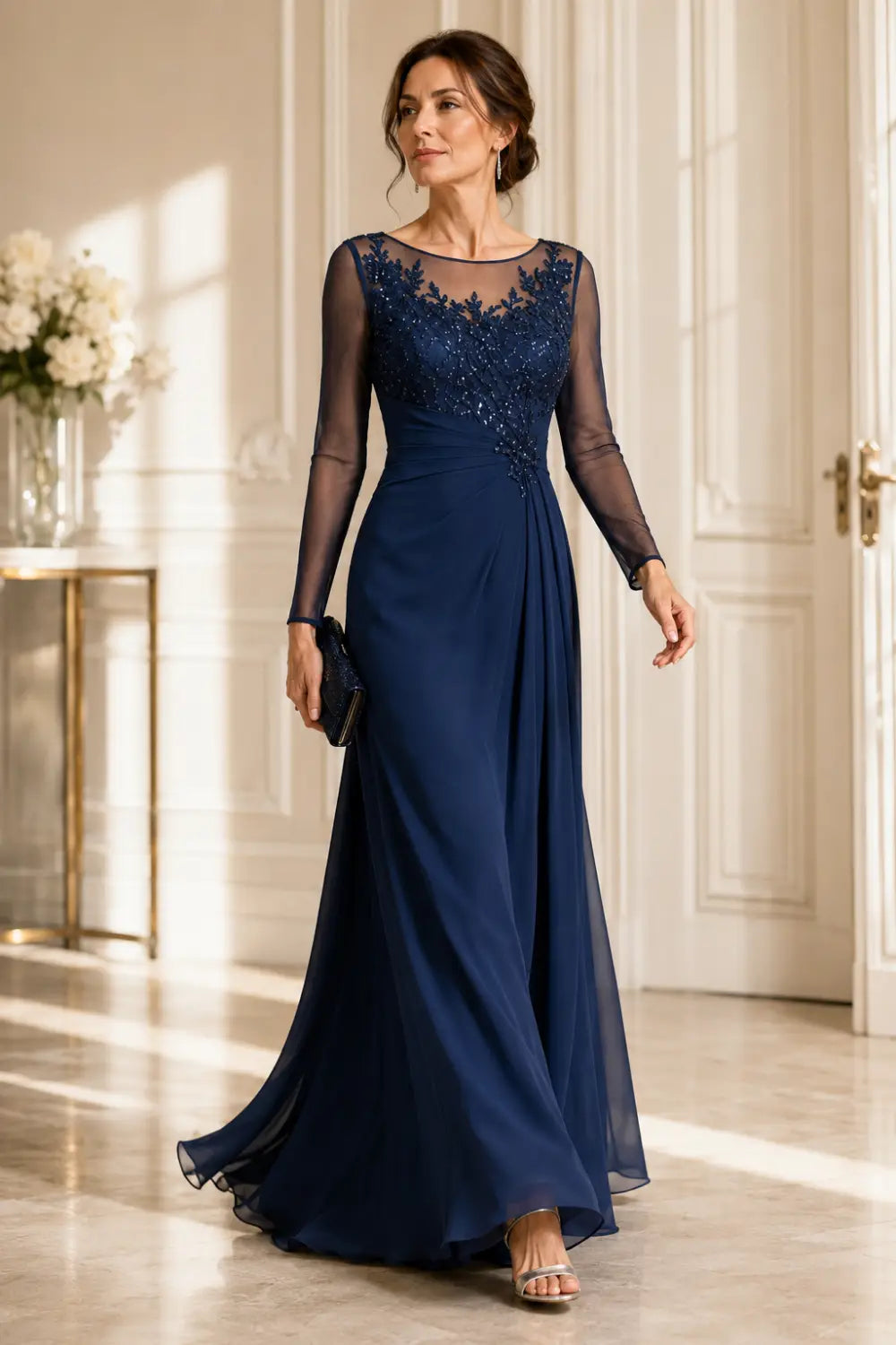 Long Sleeve Lace Chiffon Evening Gown