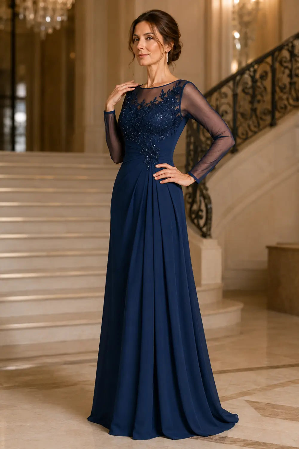 Long Sleeve Lace Chiffon Evening Gown