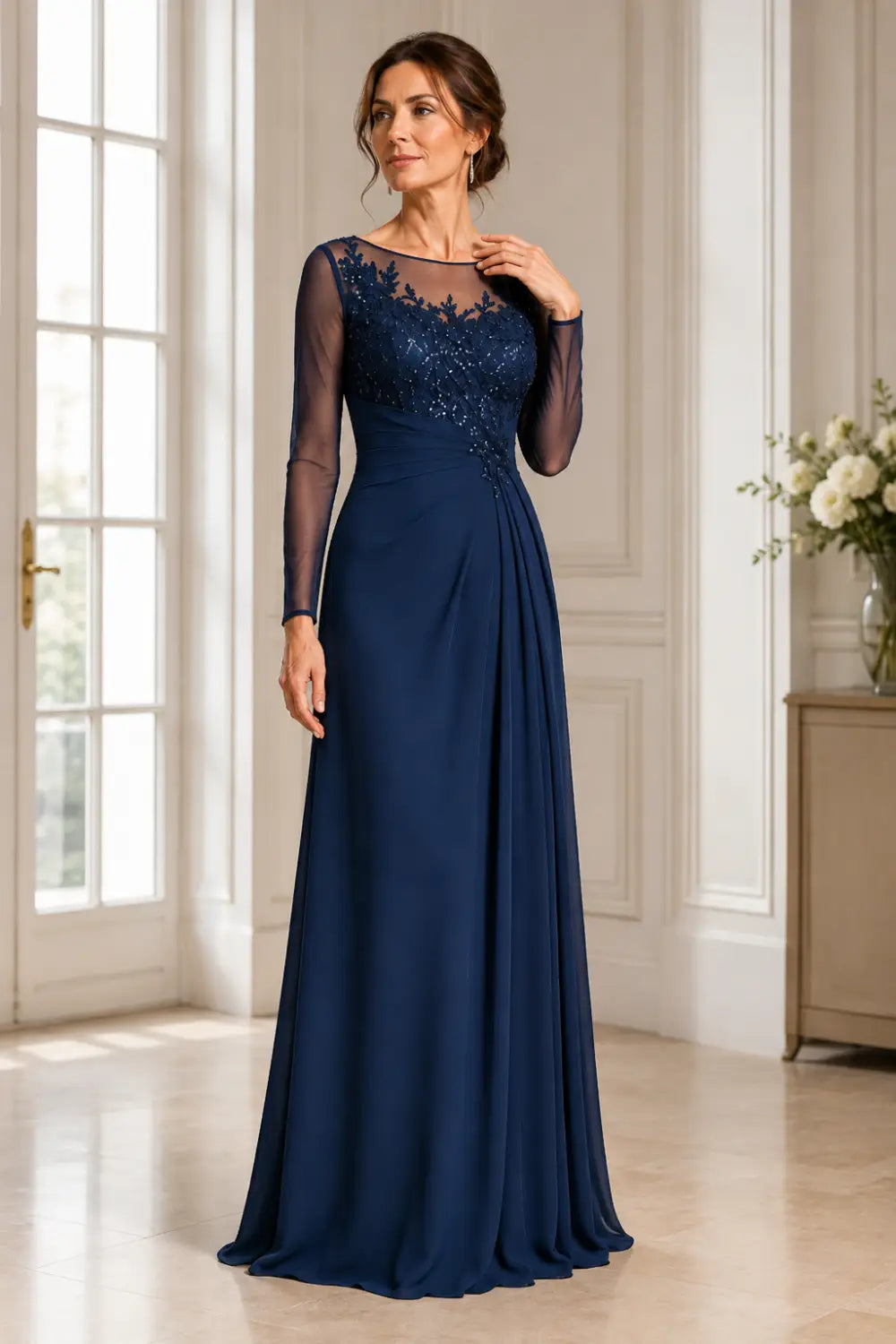 Long Sleeve Lace Chiffon Evening Gown
