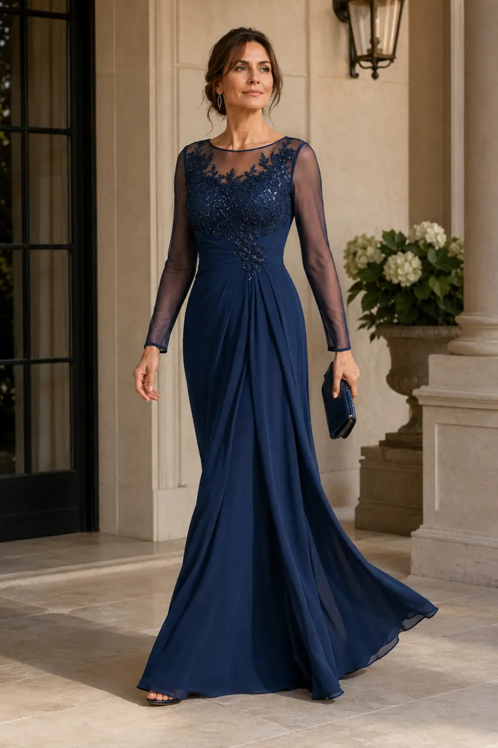 Long Sleeve Lace Chiffon Evening Gown