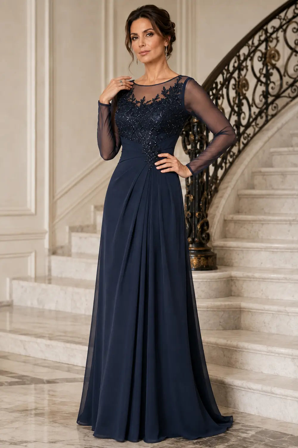 Long Sleeve Lace Chiffon Evening Gown