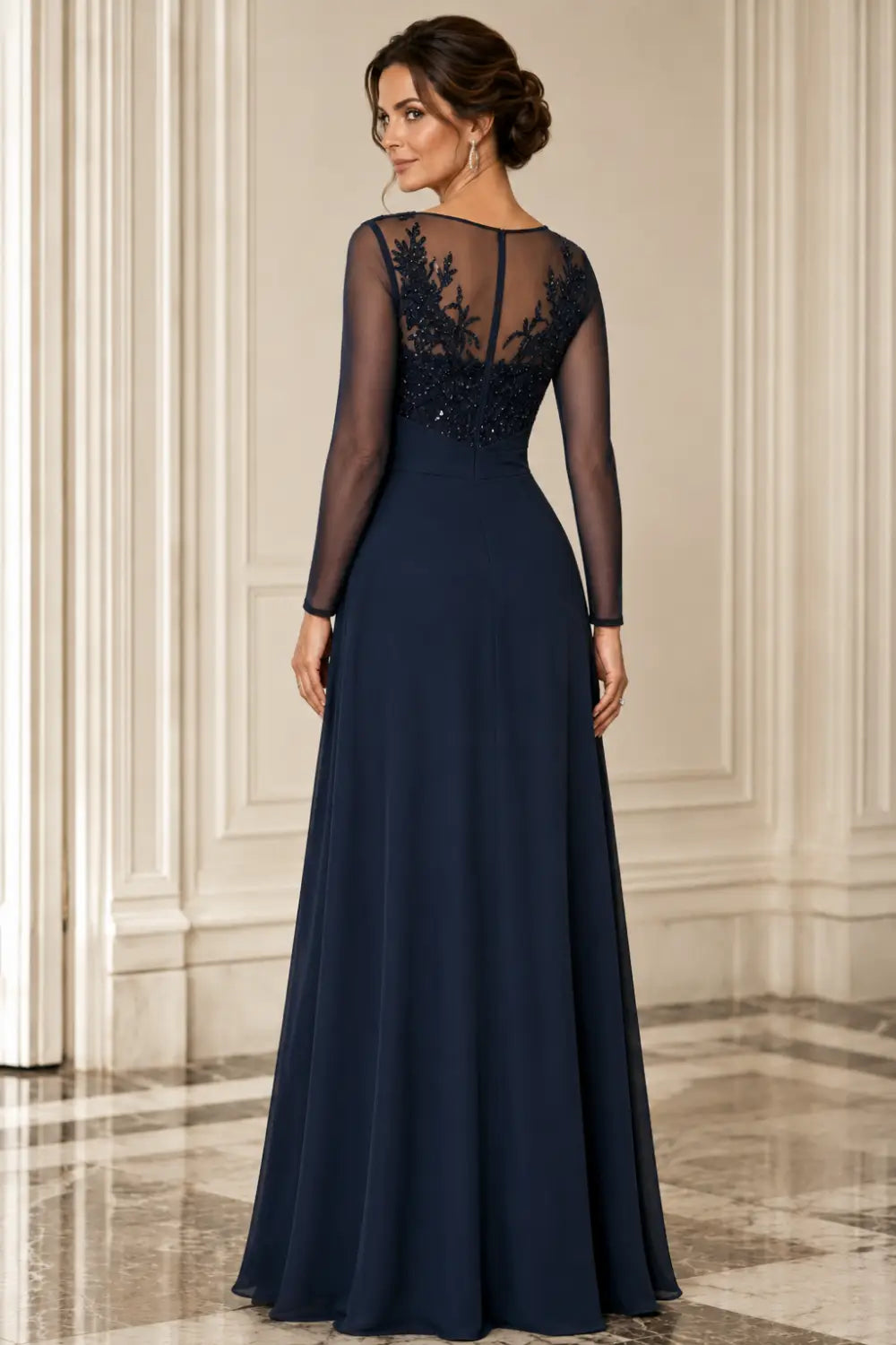Long Sleeve Lace Chiffon Evening Gown