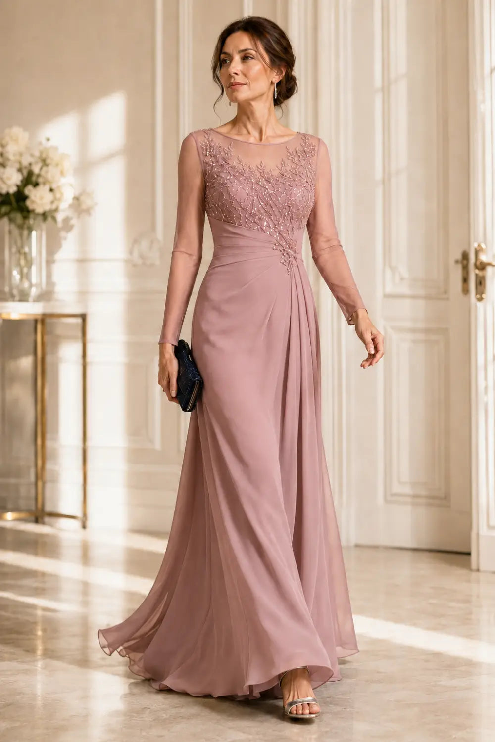 Long Sleeve Lace Chiffon Evening Gown