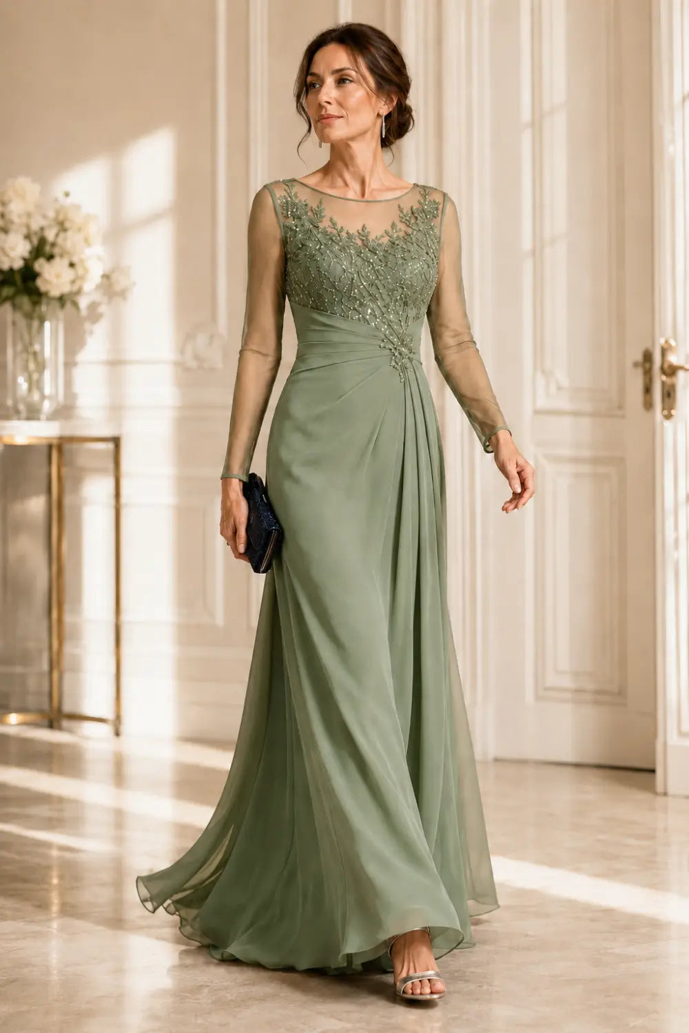Long Sleeve Lace Chiffon Evening Gown
