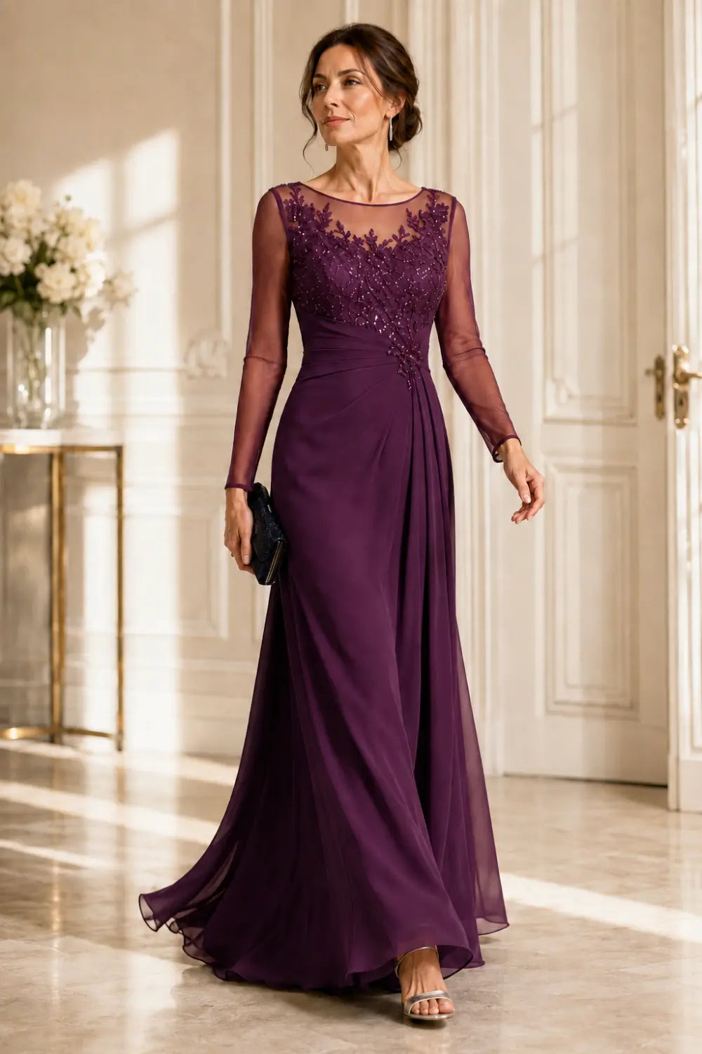 Long Sleeve Lace Chiffon Evening Gown