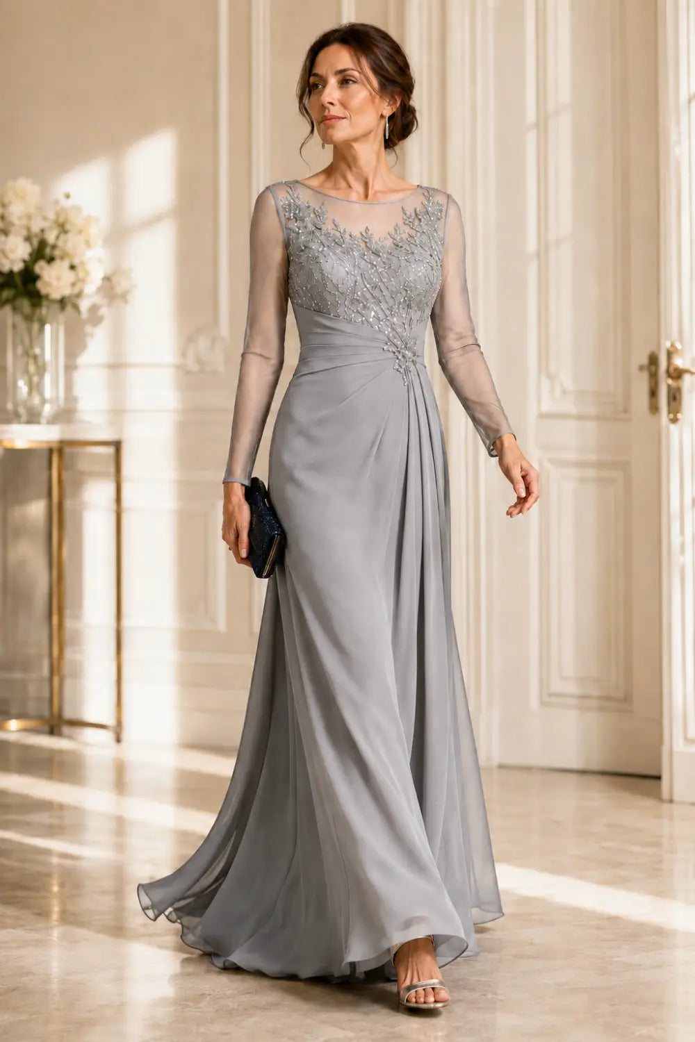 Long Sleeve Lace Chiffon Evening Gown