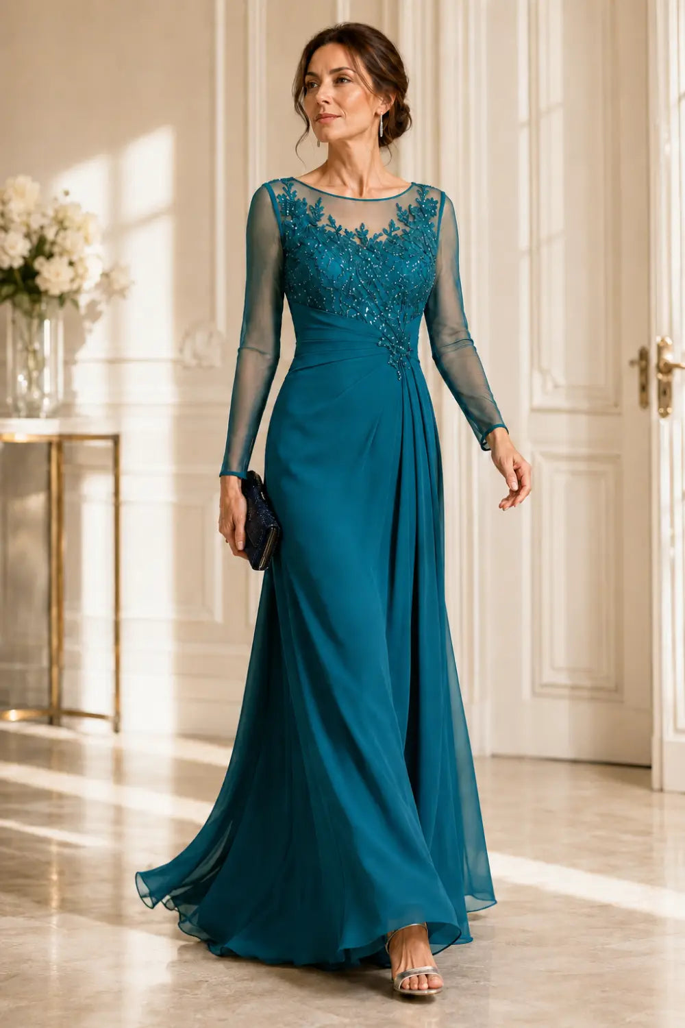 Long Sleeve Lace Chiffon Evening Gown
