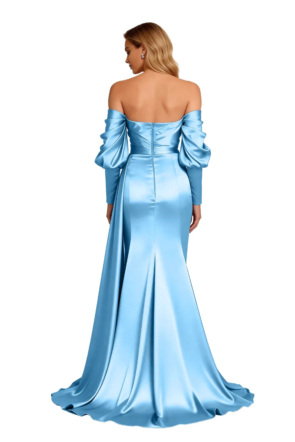 Off-Shoulder Satin Mermaid Gown with Long Puff Sleeves